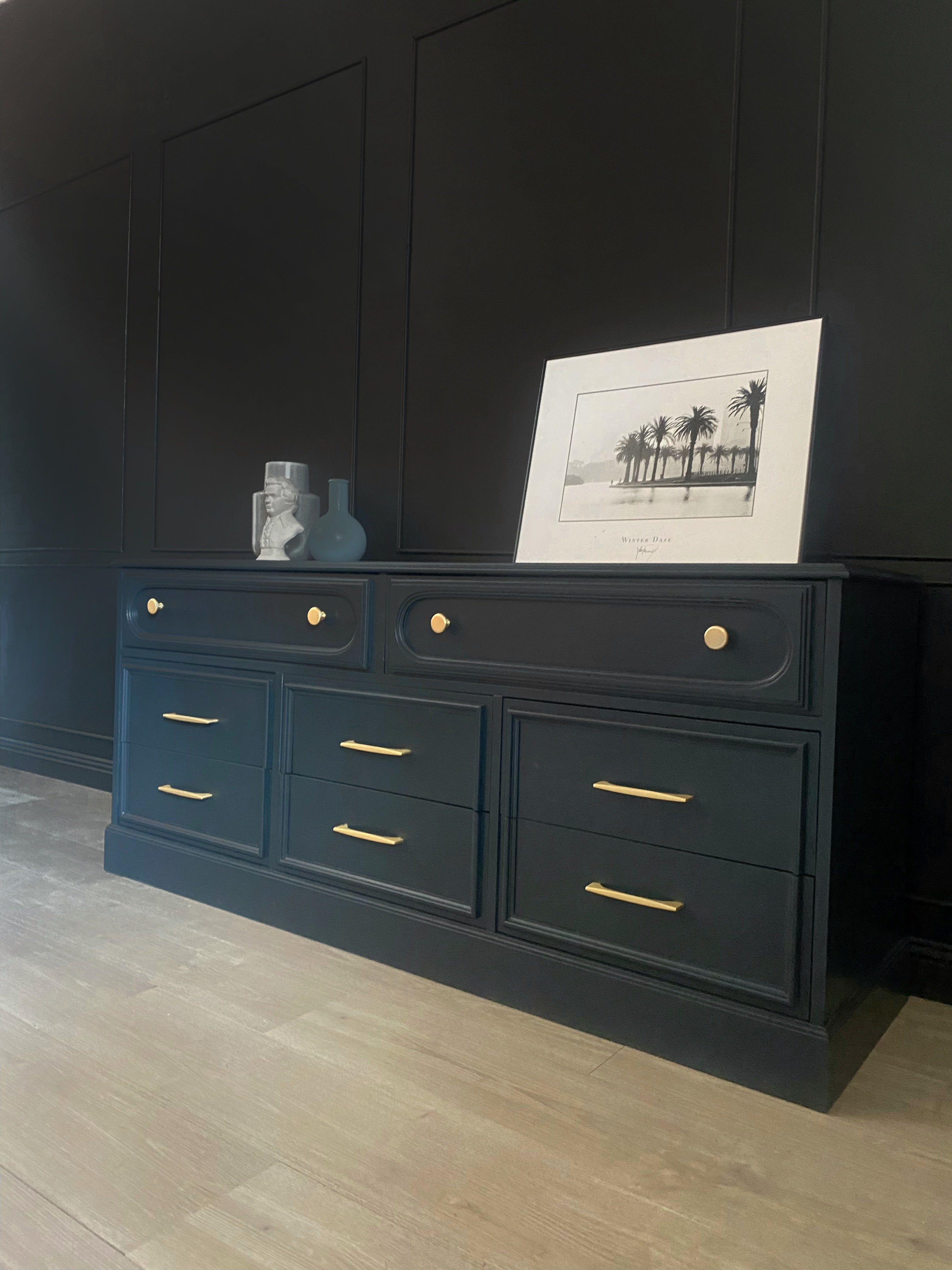 Dark blue 9 drawer dresser with inset brushed brass