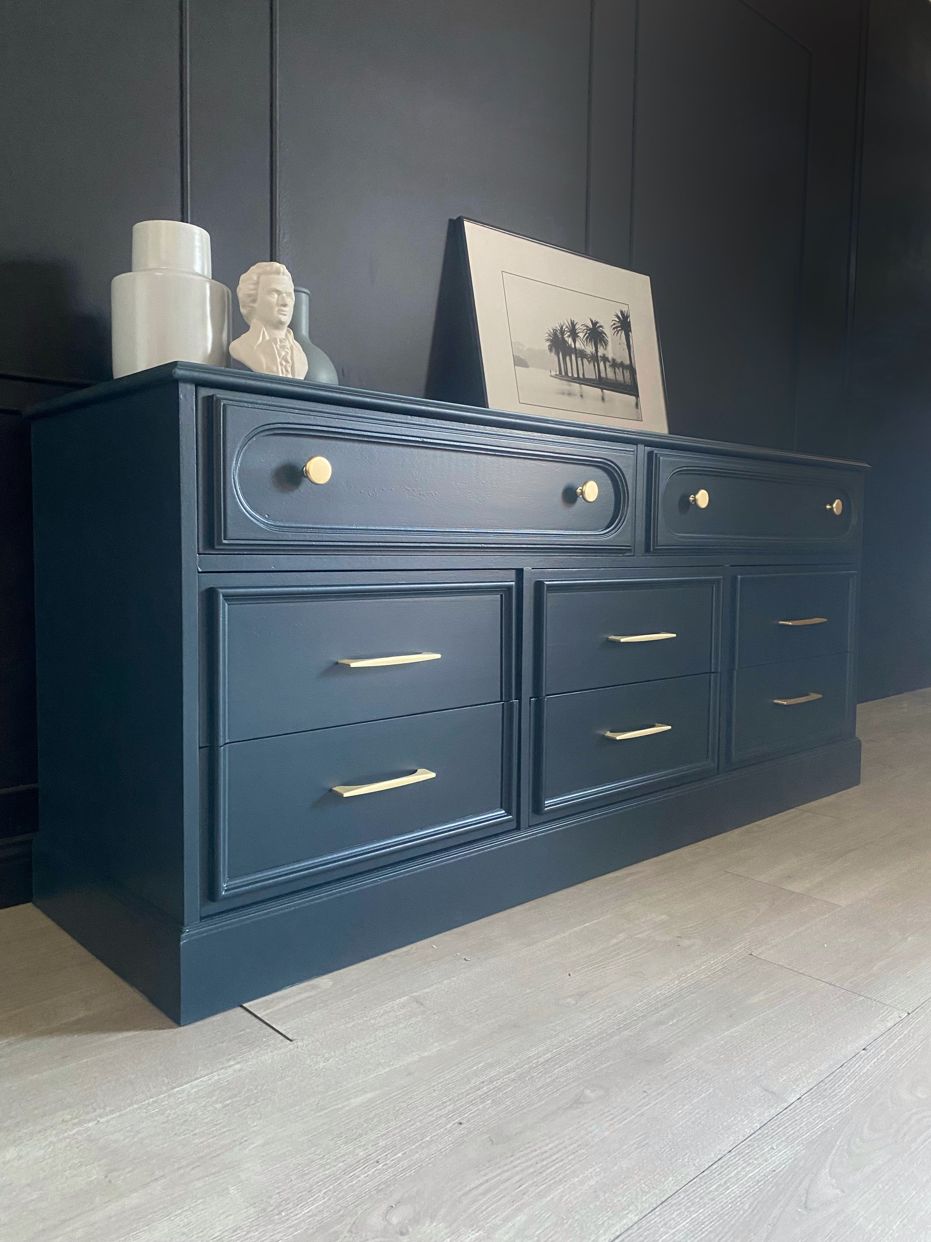Dark blue 9 drawer dresser with inset brushed brass