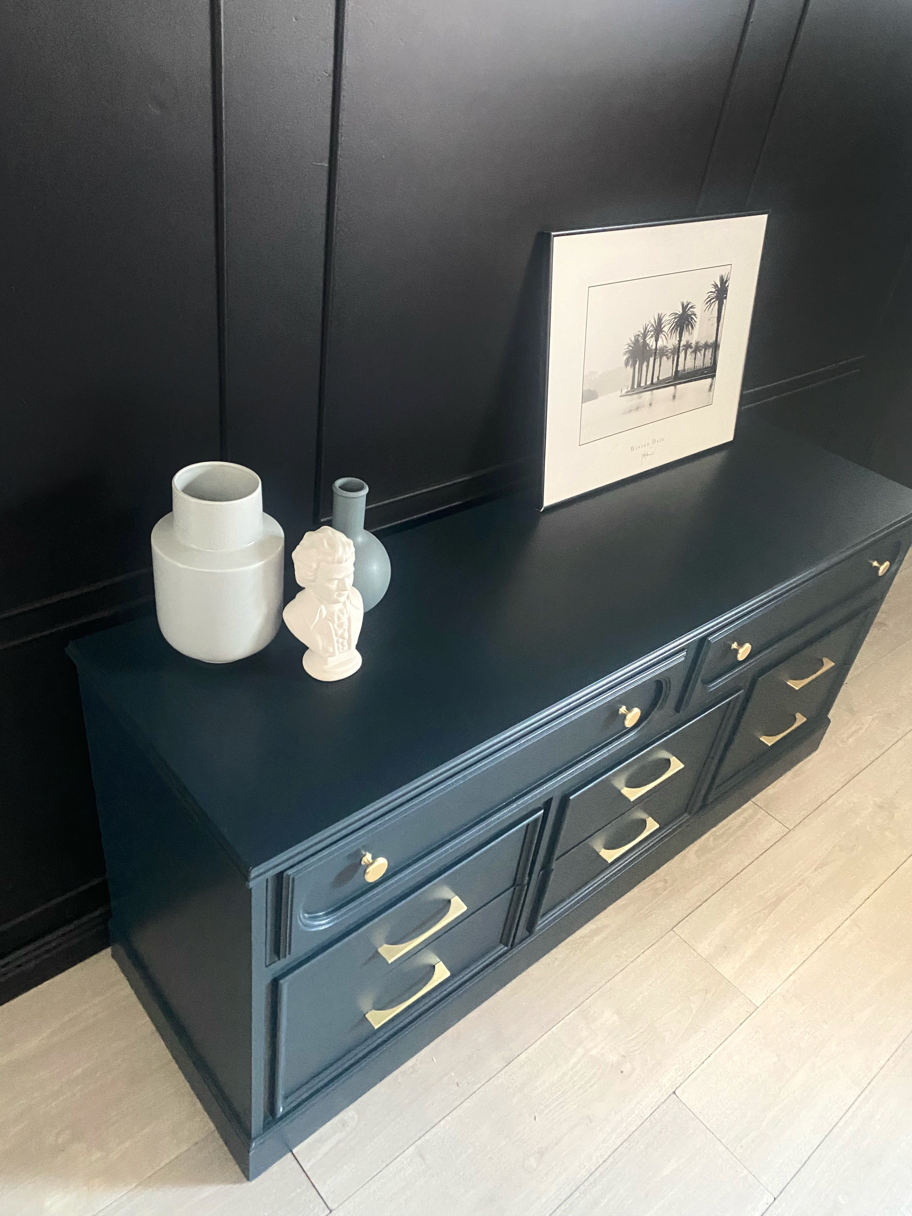 Dark blue 9 drawer dresser with inset brushed brass