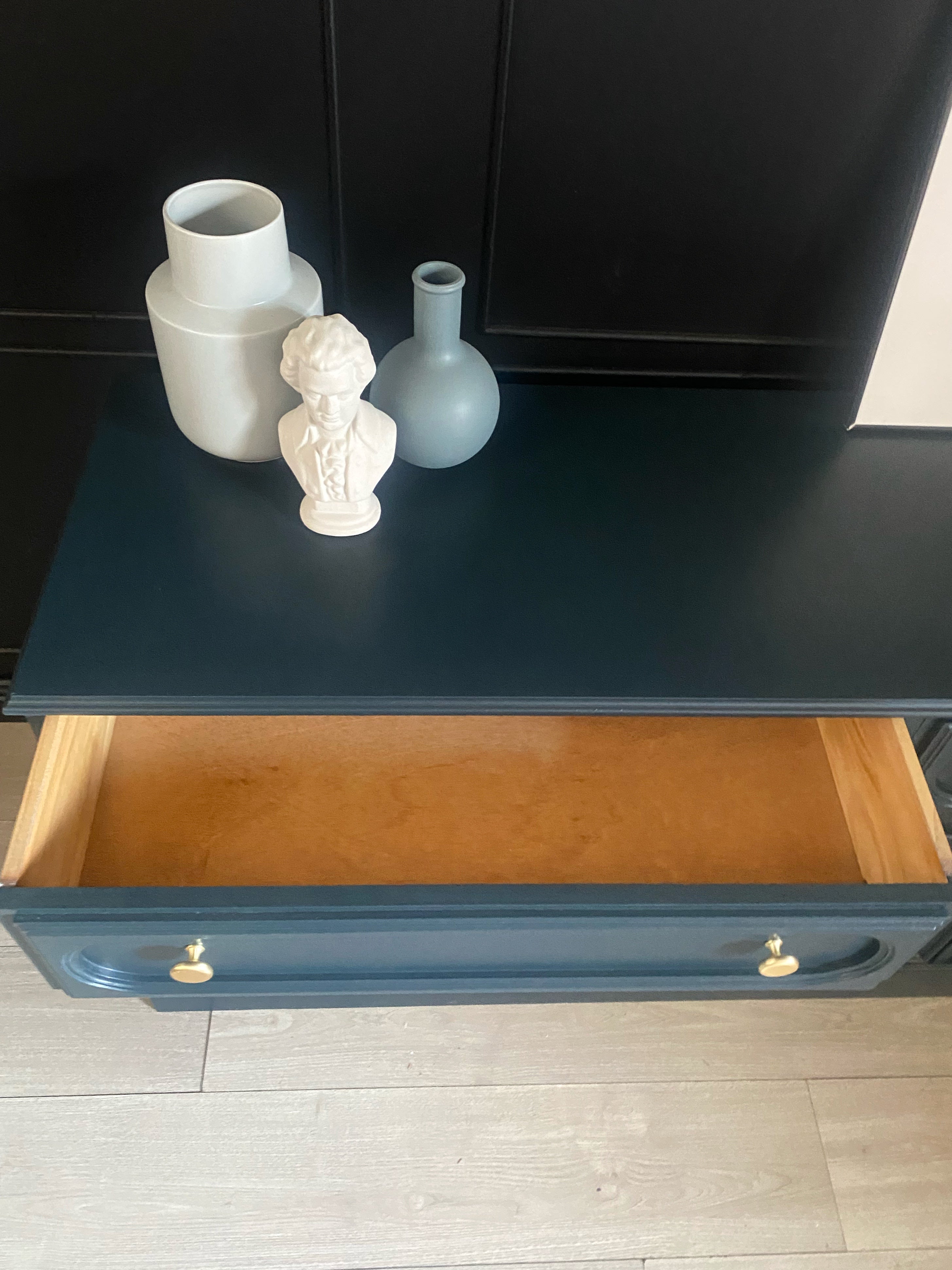 Dark blue 9 drawer dresser with inset brushed brass