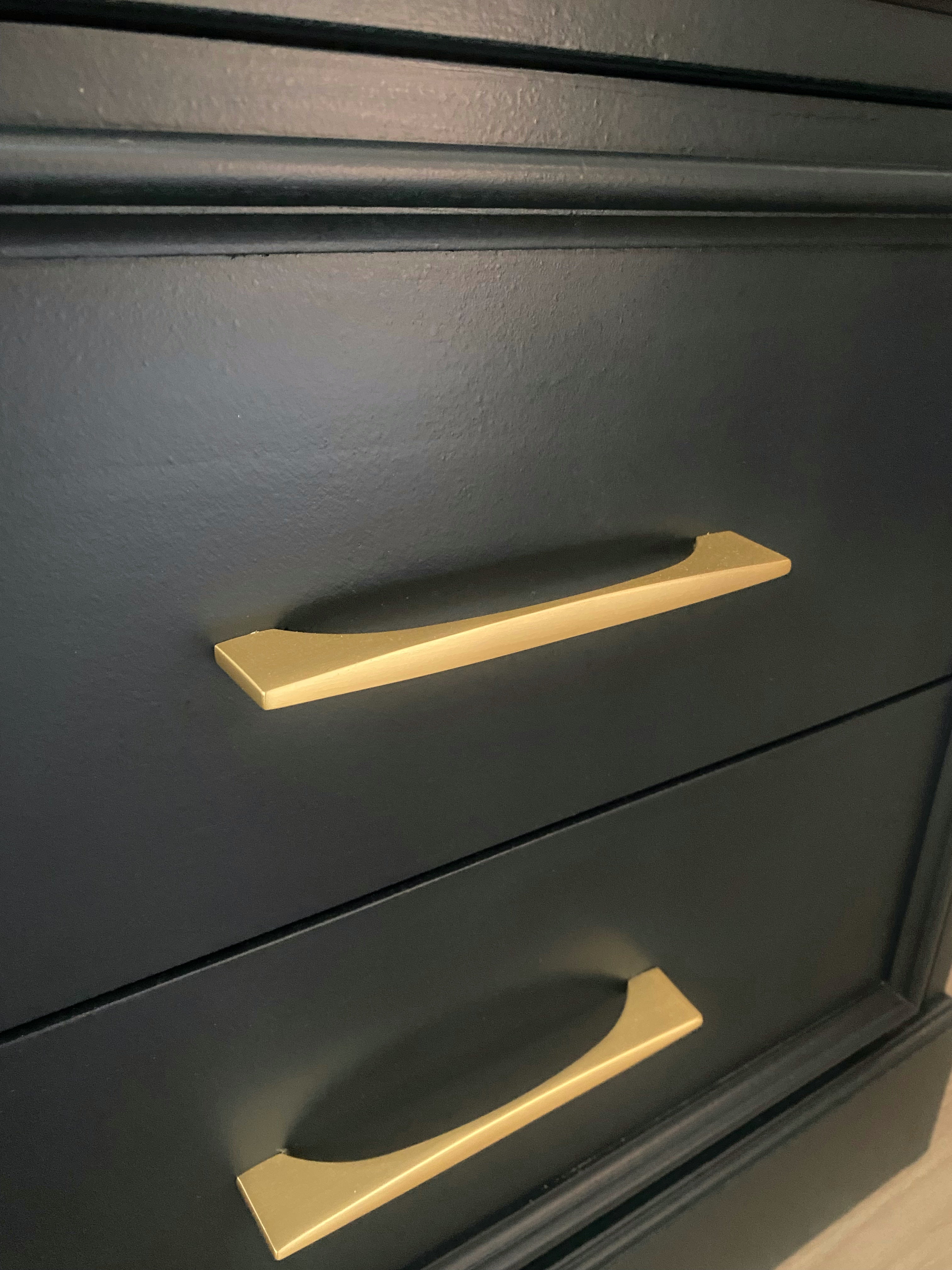 Dark blue 9 drawer dresser with inset brushed brass