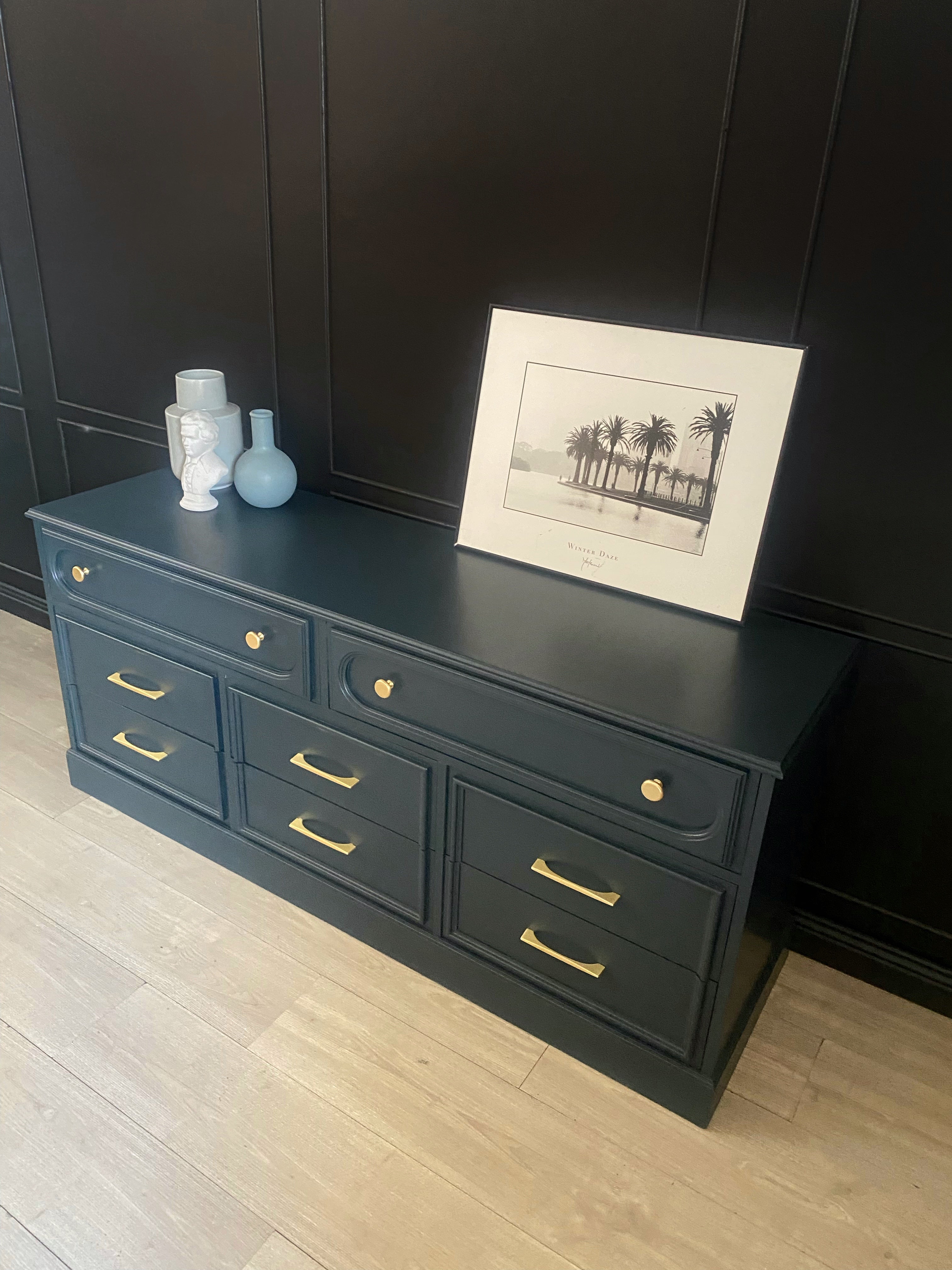 Dark blue 9 drawer dresser with inset brushed brass
