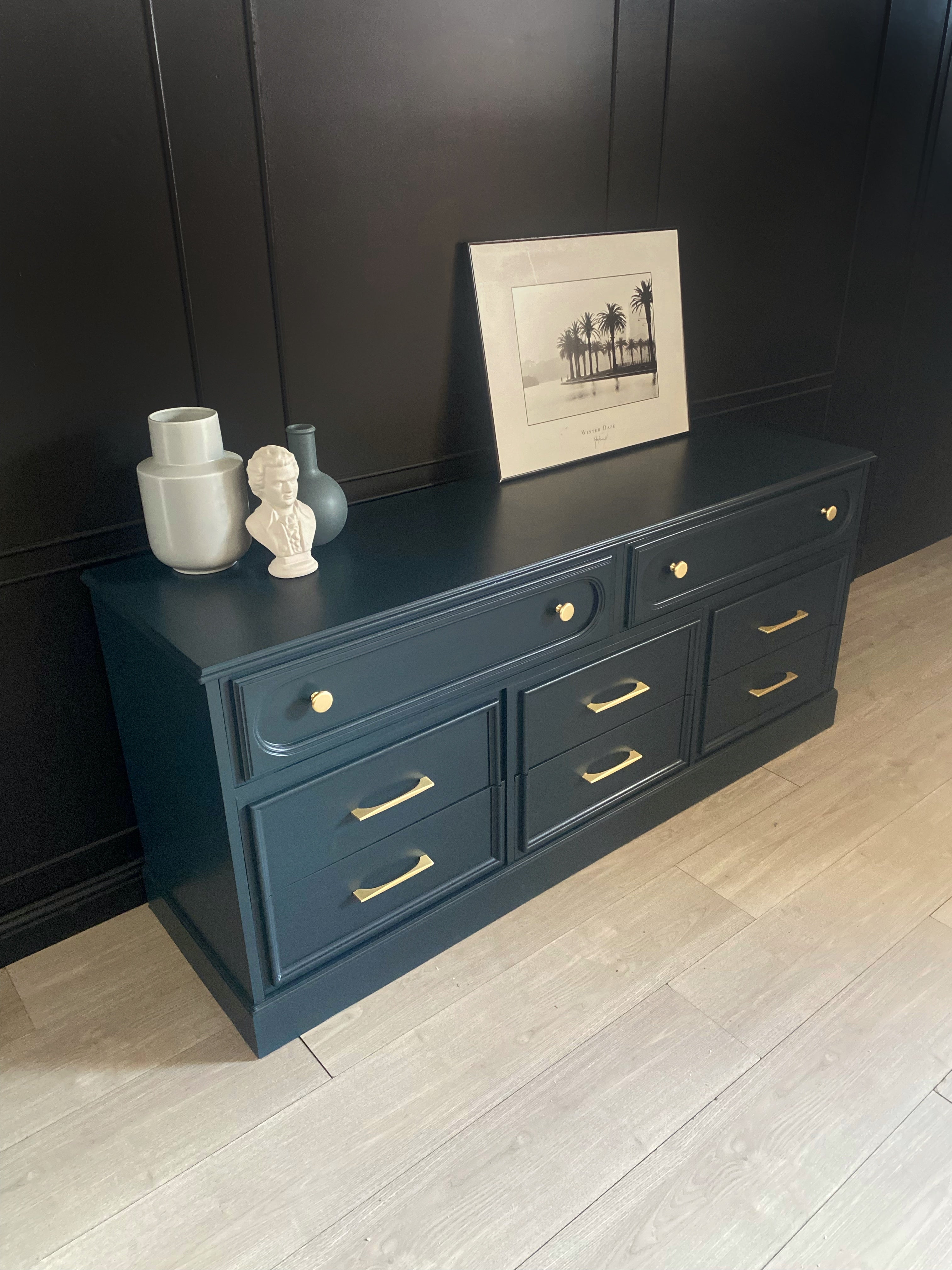 Dark blue 9 drawer dresser with inset brushed brass