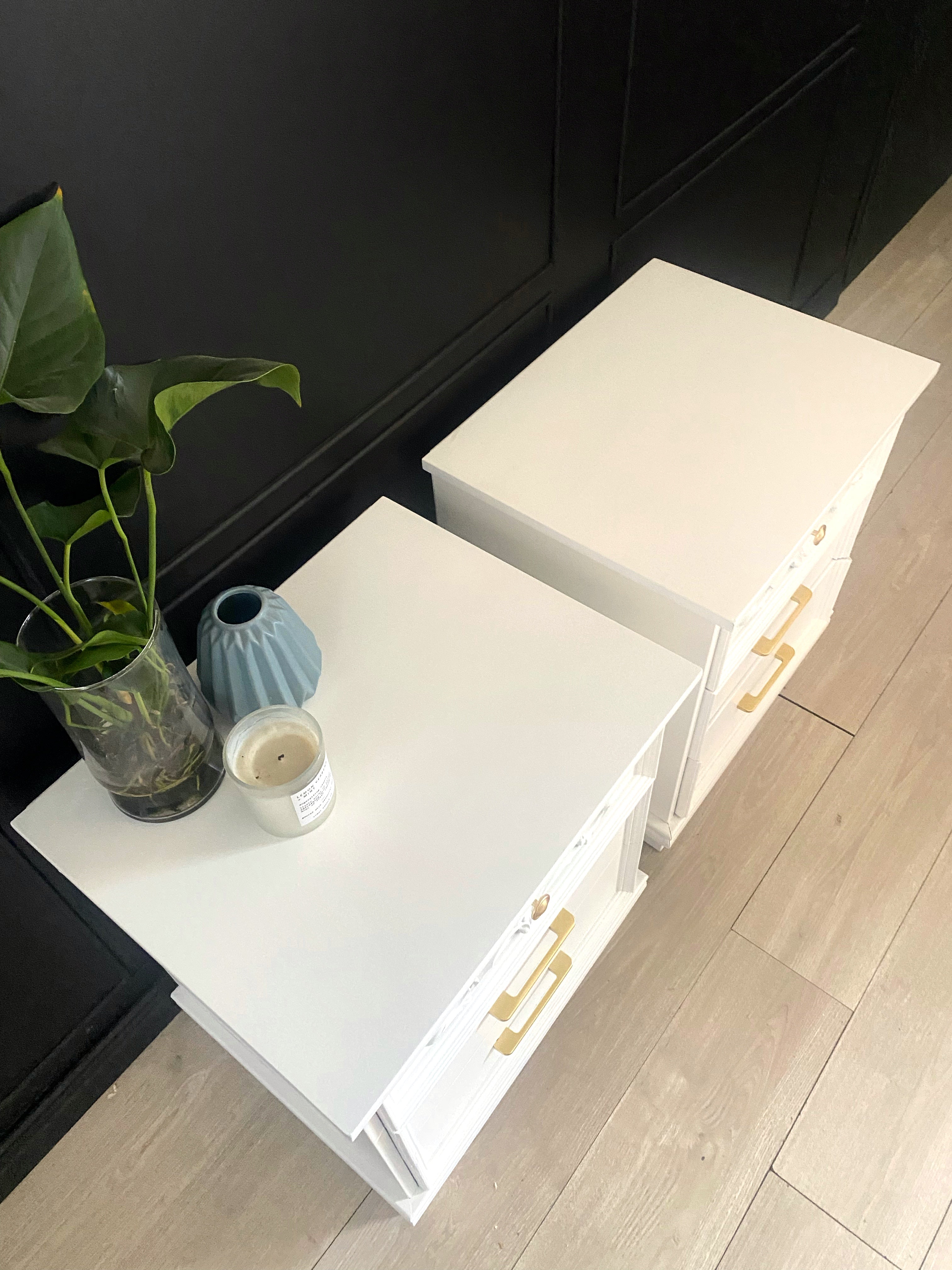 White bedside tables with drawer detail (set)