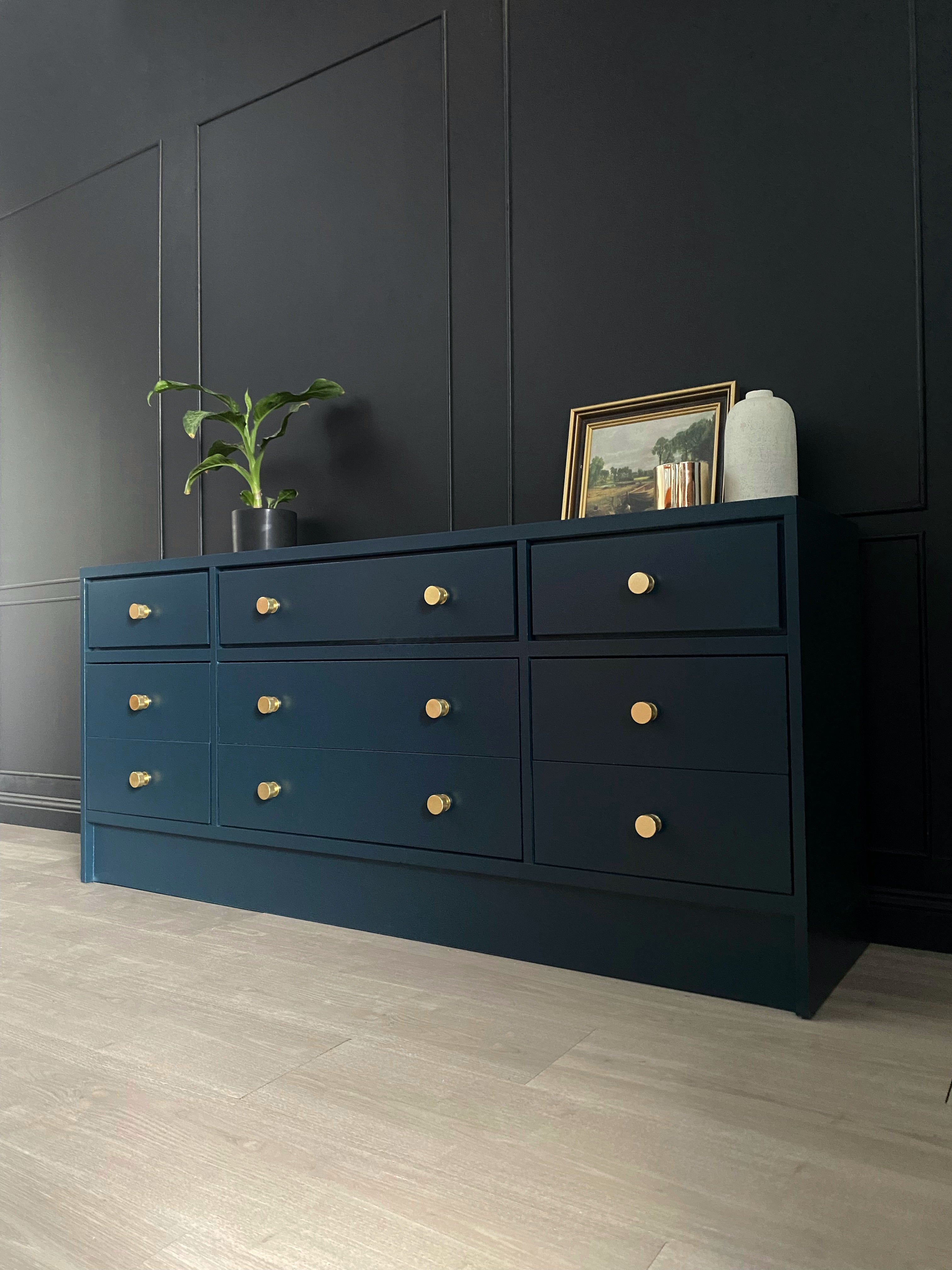 Stunning blue 9 drawer dresser with brushed brass hardware