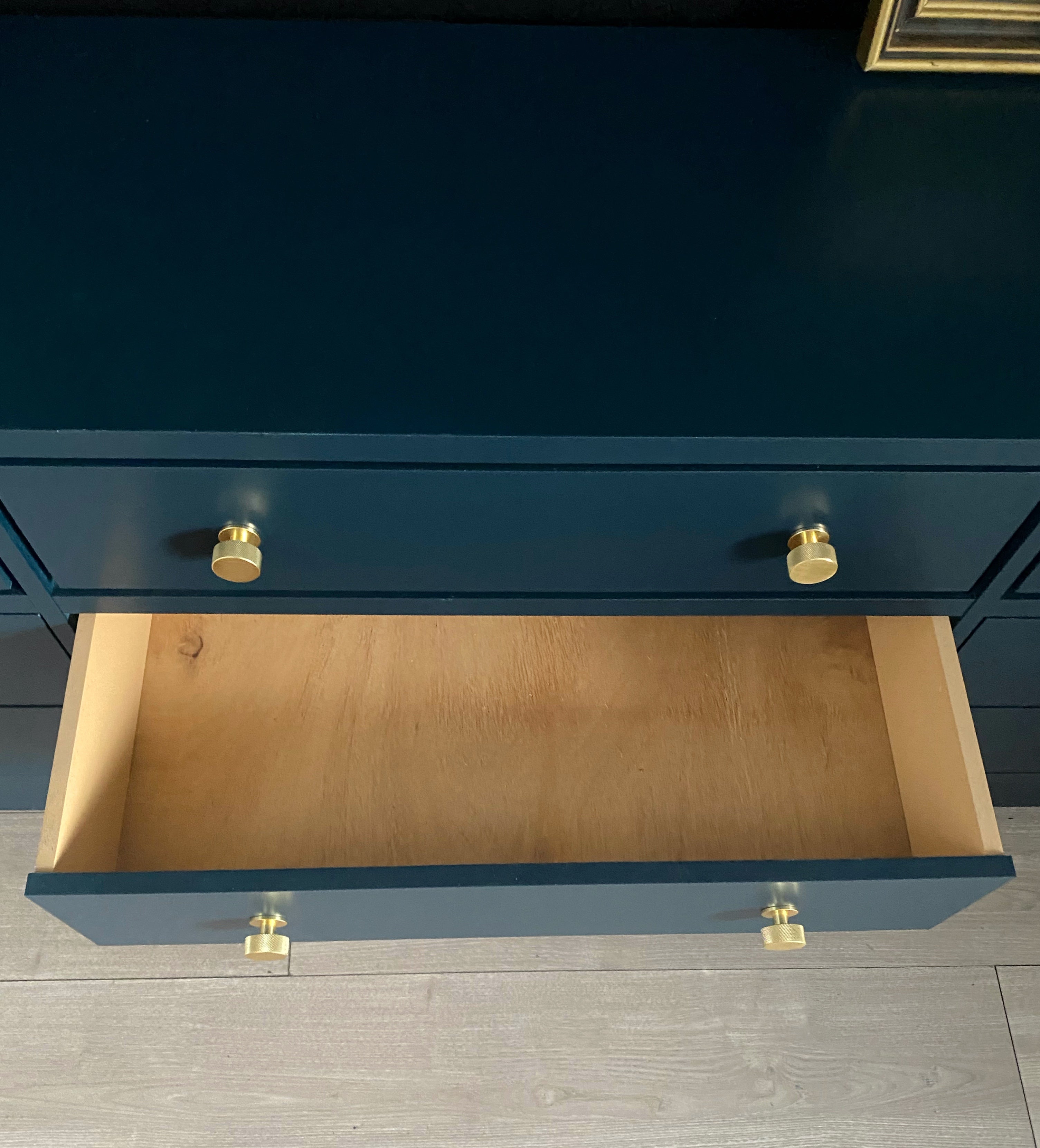 Stunning blue 9 drawer dresser with brushed brass hardware
