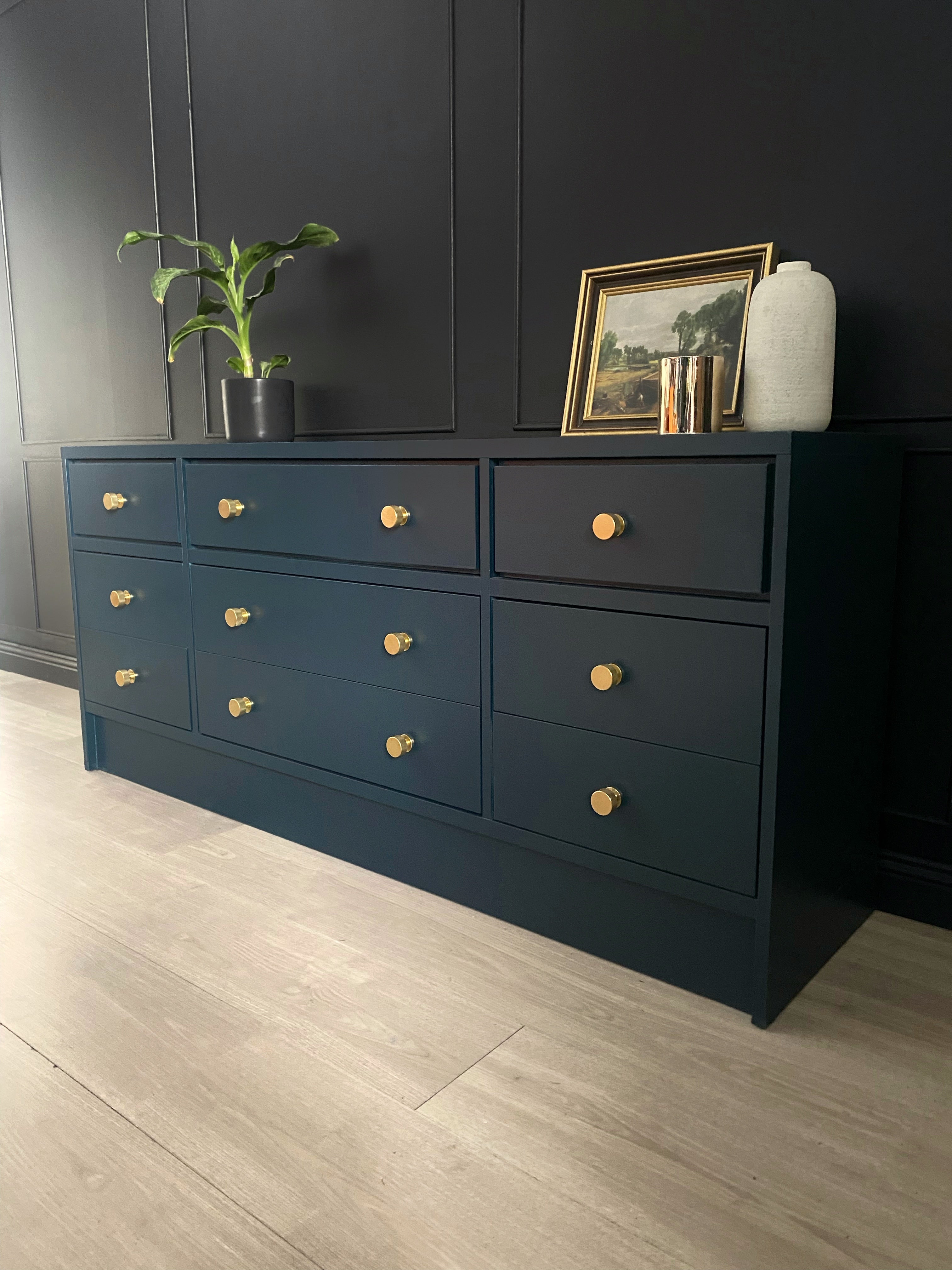 Stunning blue 9 drawer dresser with brushed brass hardware