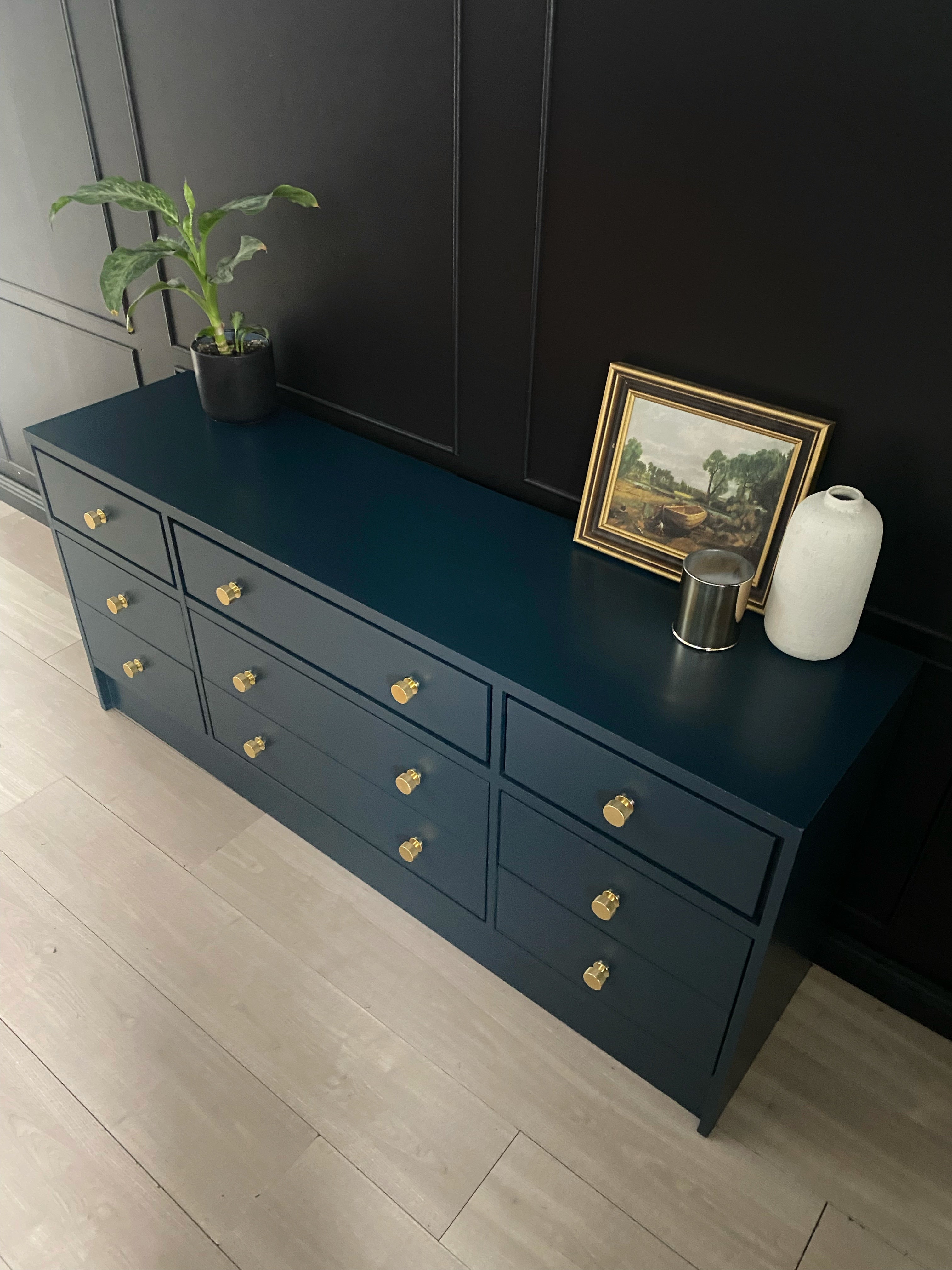 Stunning blue 9 drawer dresser with brushed brass hardware