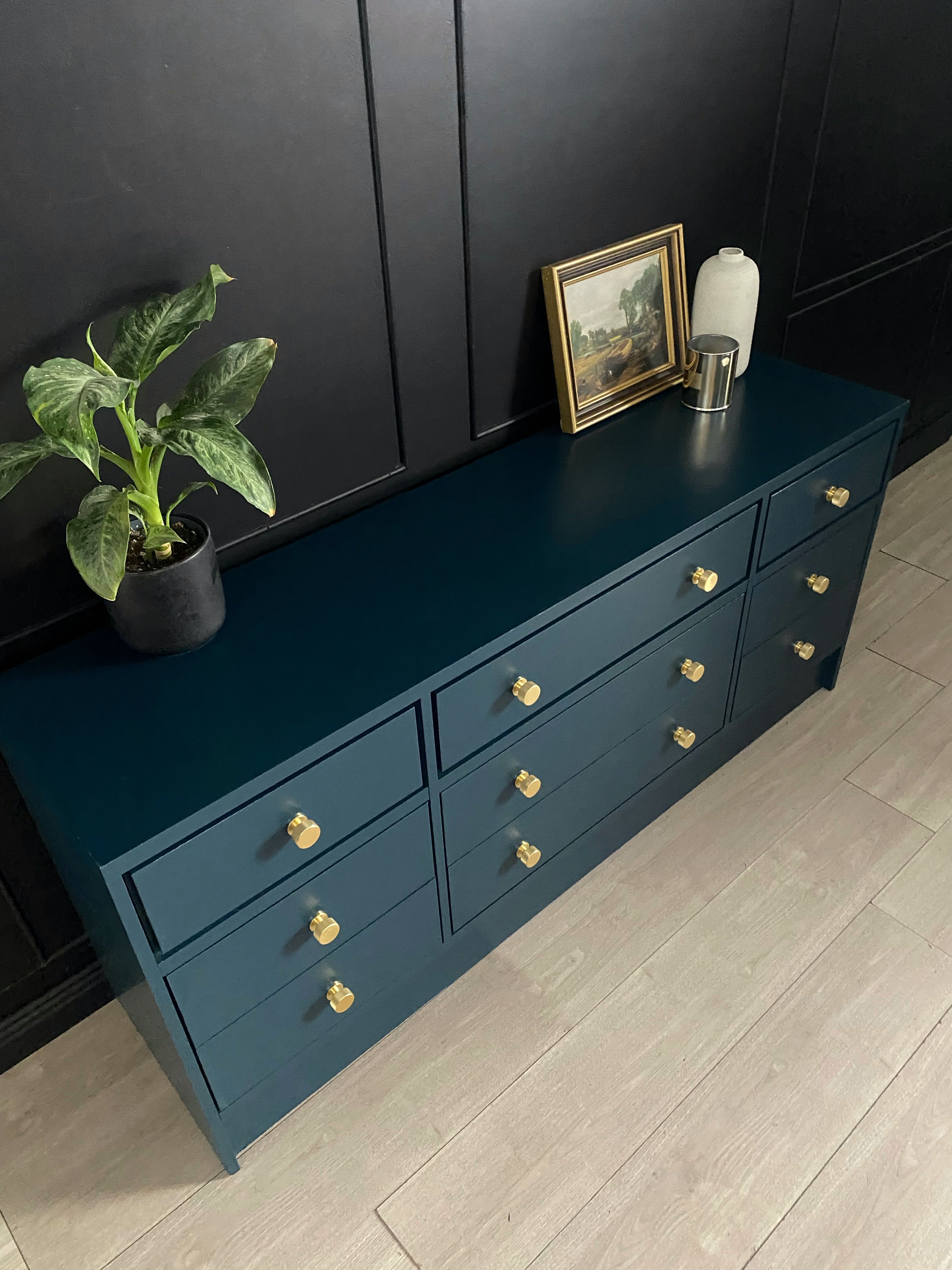 Stunning blue 9 drawer dresser with brushed brass hardware