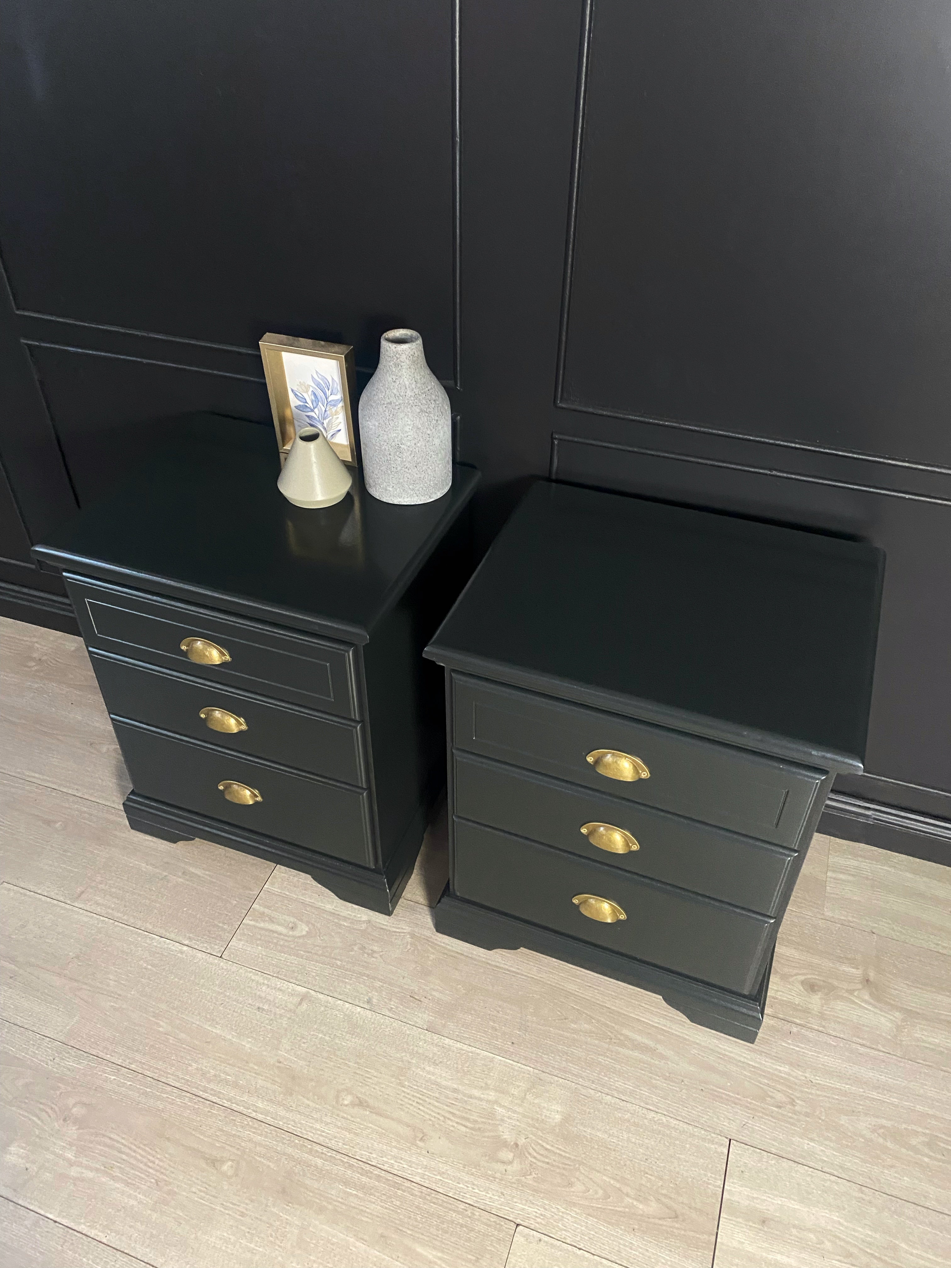 ‘Burgess Furniture’ dark olive bedside tables