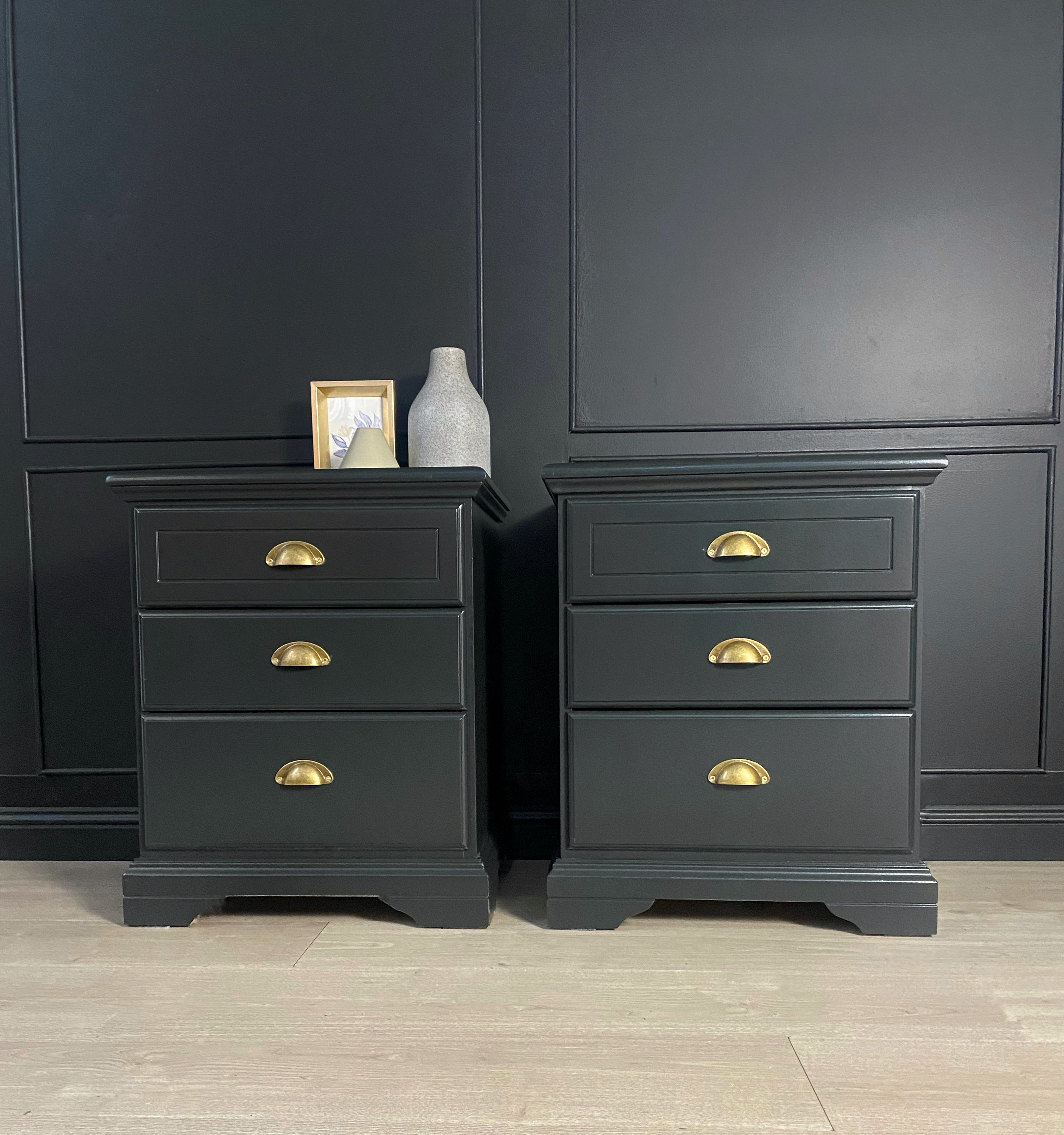 ‘Burgess Furniture’ dark olive bedside tables