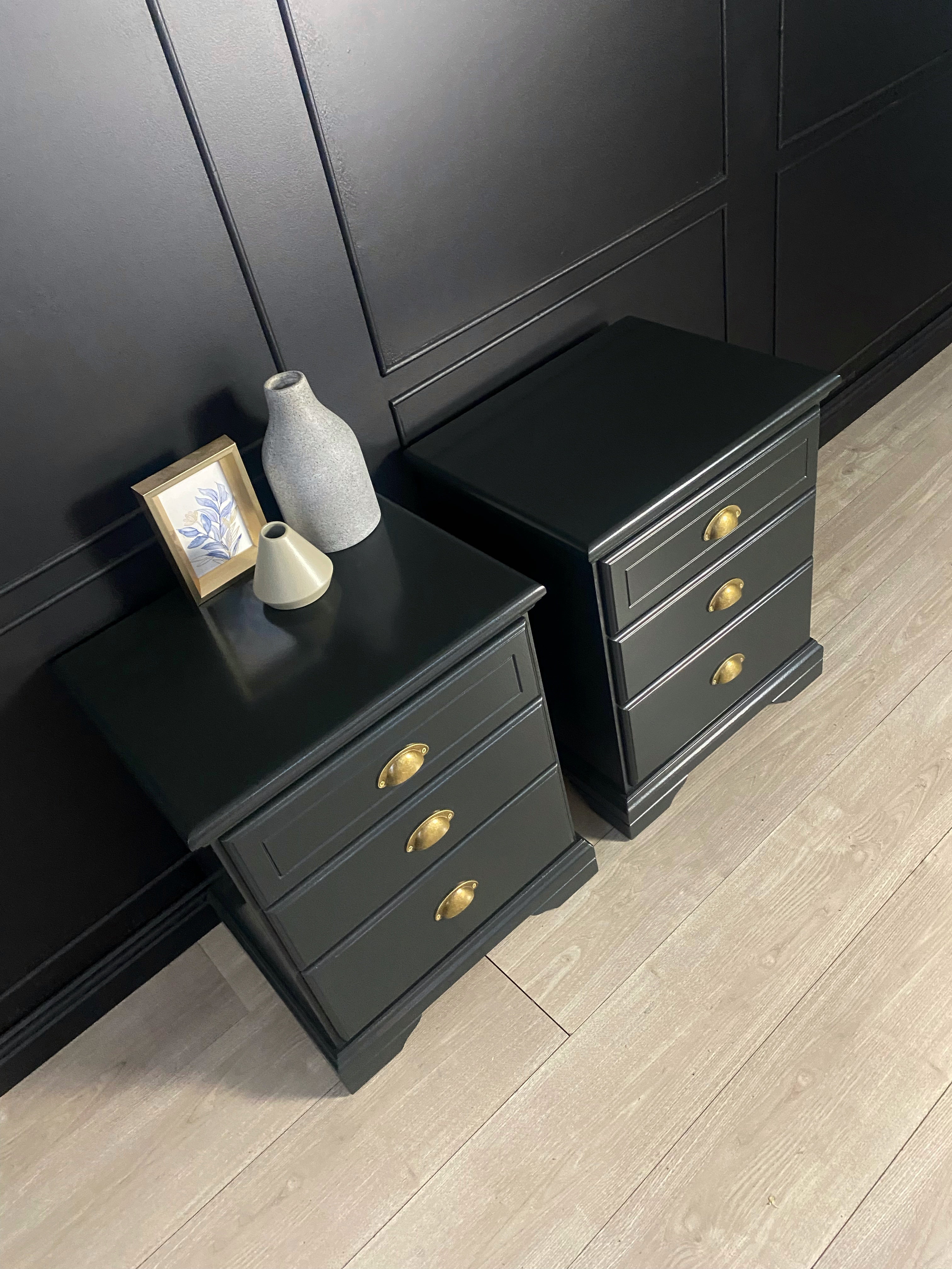 ‘Burgess Furniture’ dark olive bedside tables