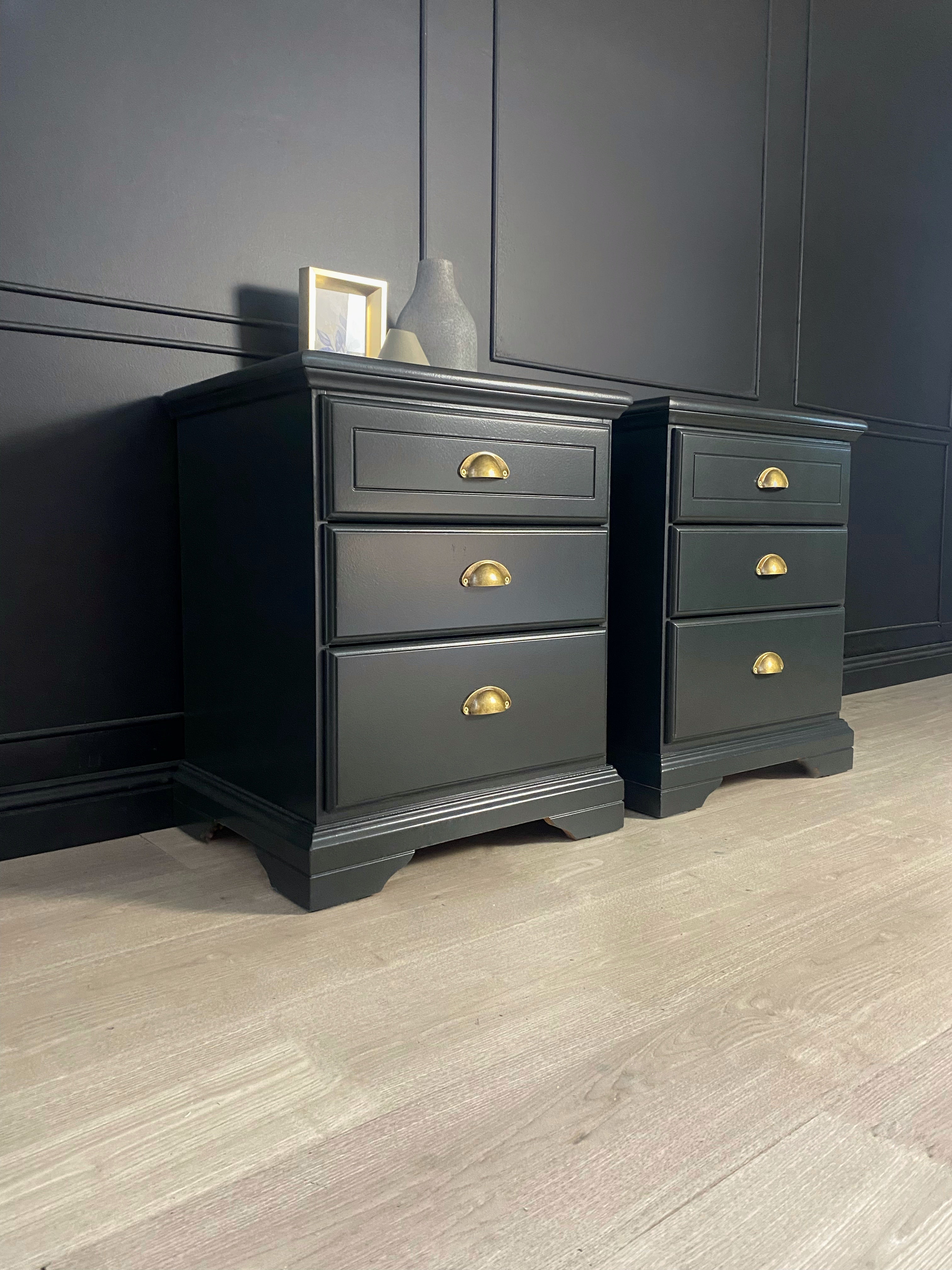 ‘Burgess Furniture’ dark olive bedside tables