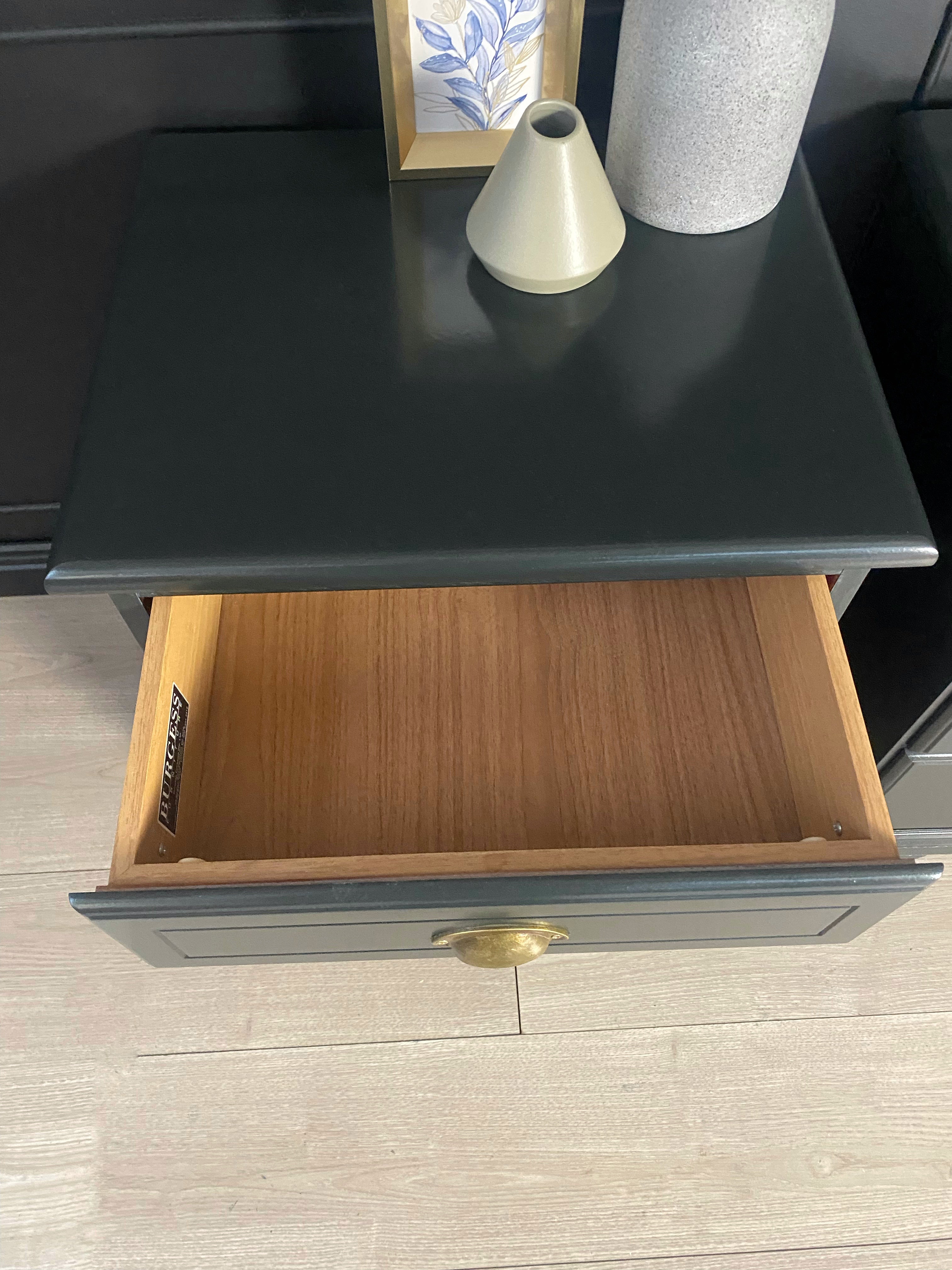 ‘Burgess Furniture’ dark olive bedside tables