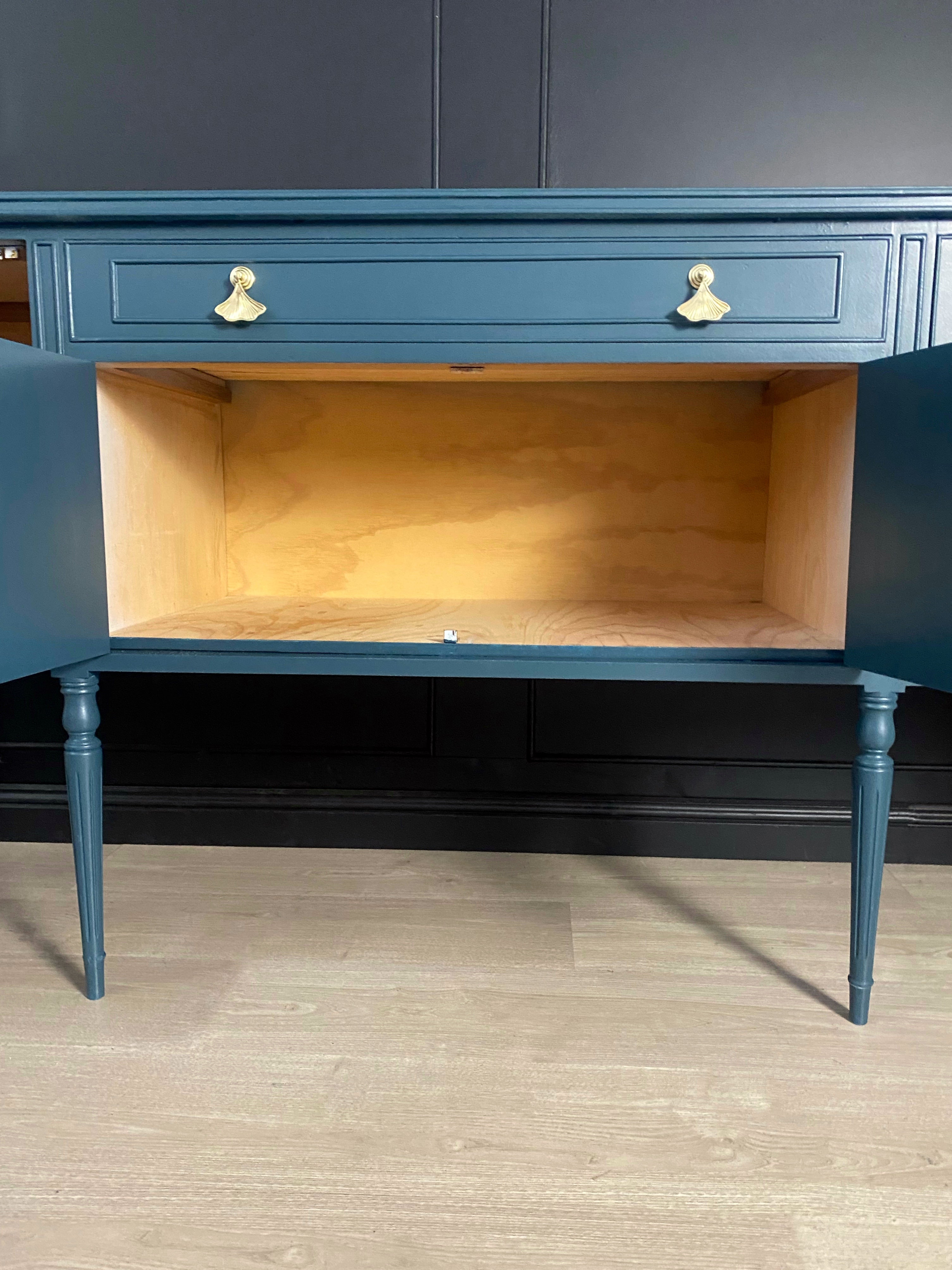Elegant buffet / sideboard with brushed glass, brass and ginkgo leaf hardware