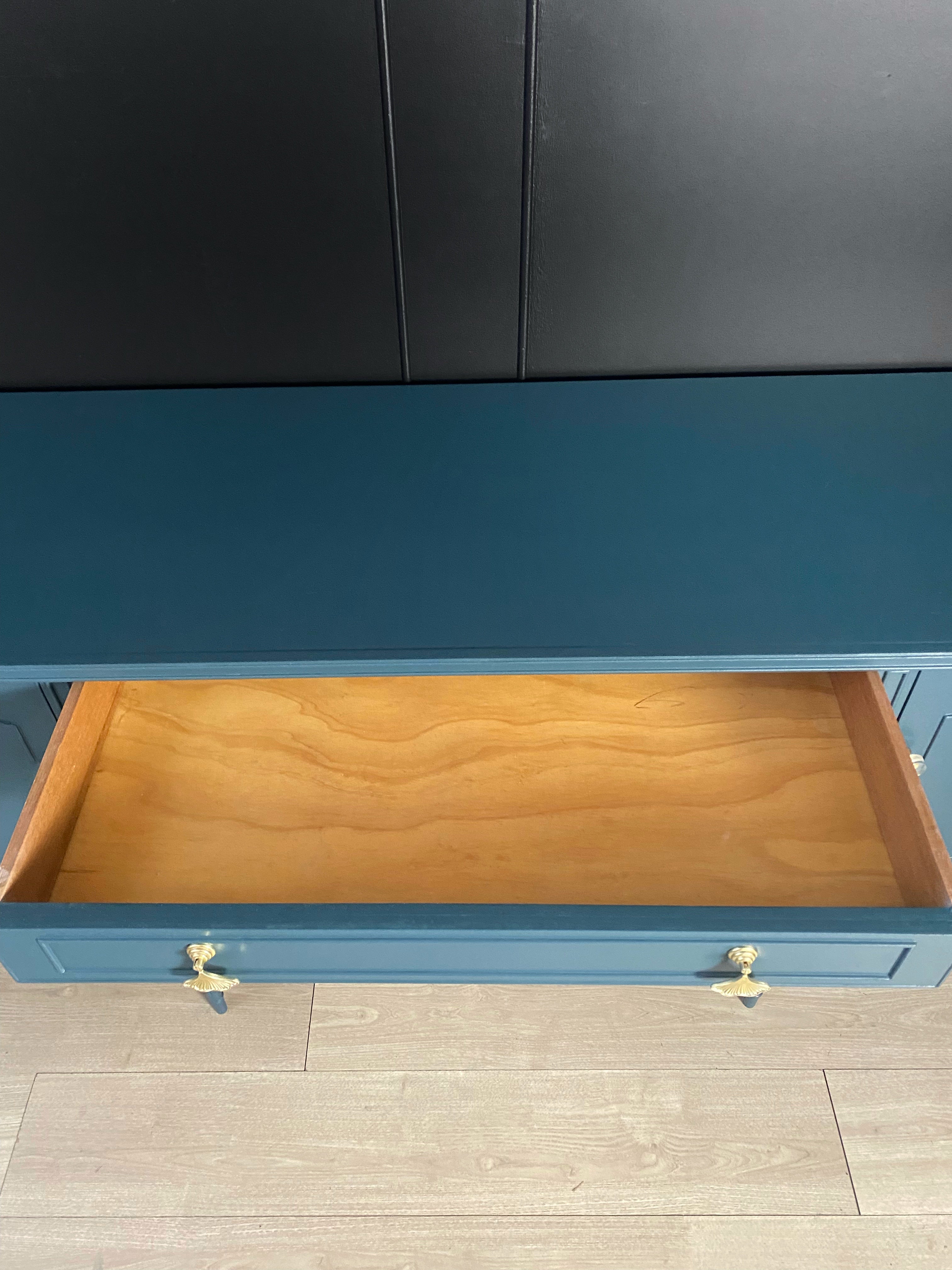 Elegant buffet / sideboard with brushed glass, brass and ginkgo leaf hardware