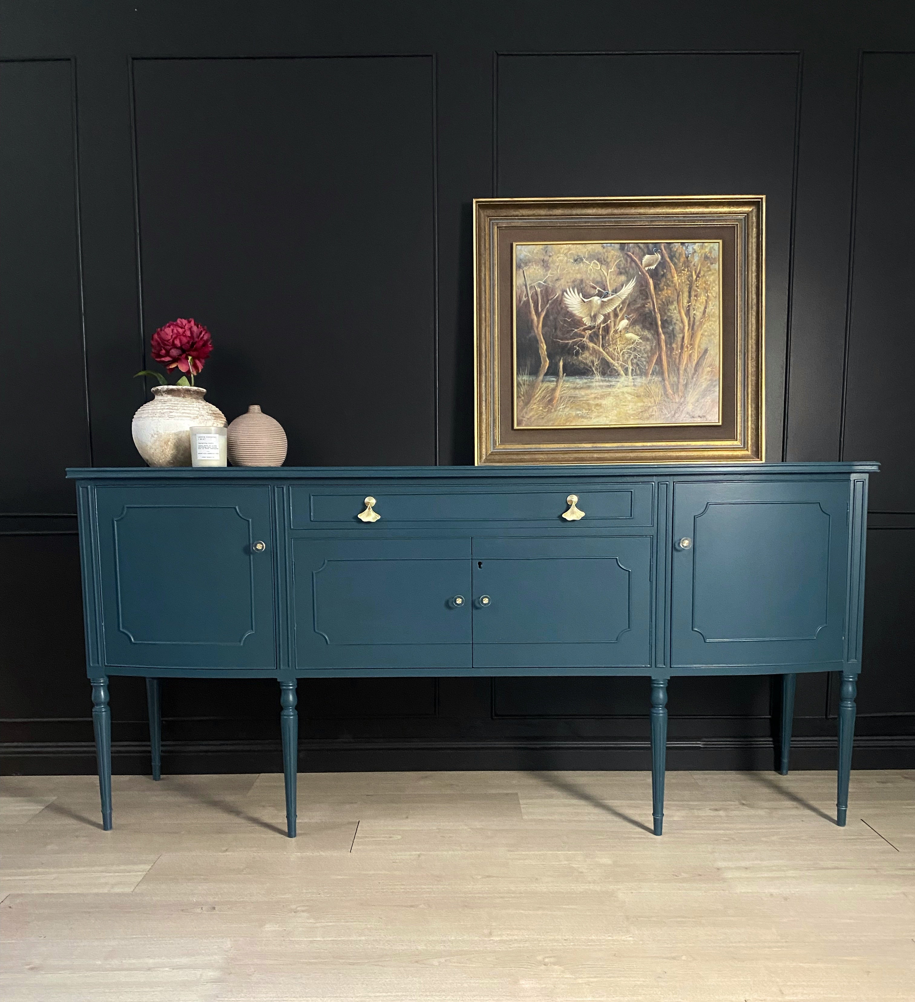 Elegant buffet / sideboard with brushed glass, brass and ginkgo leaf hardware