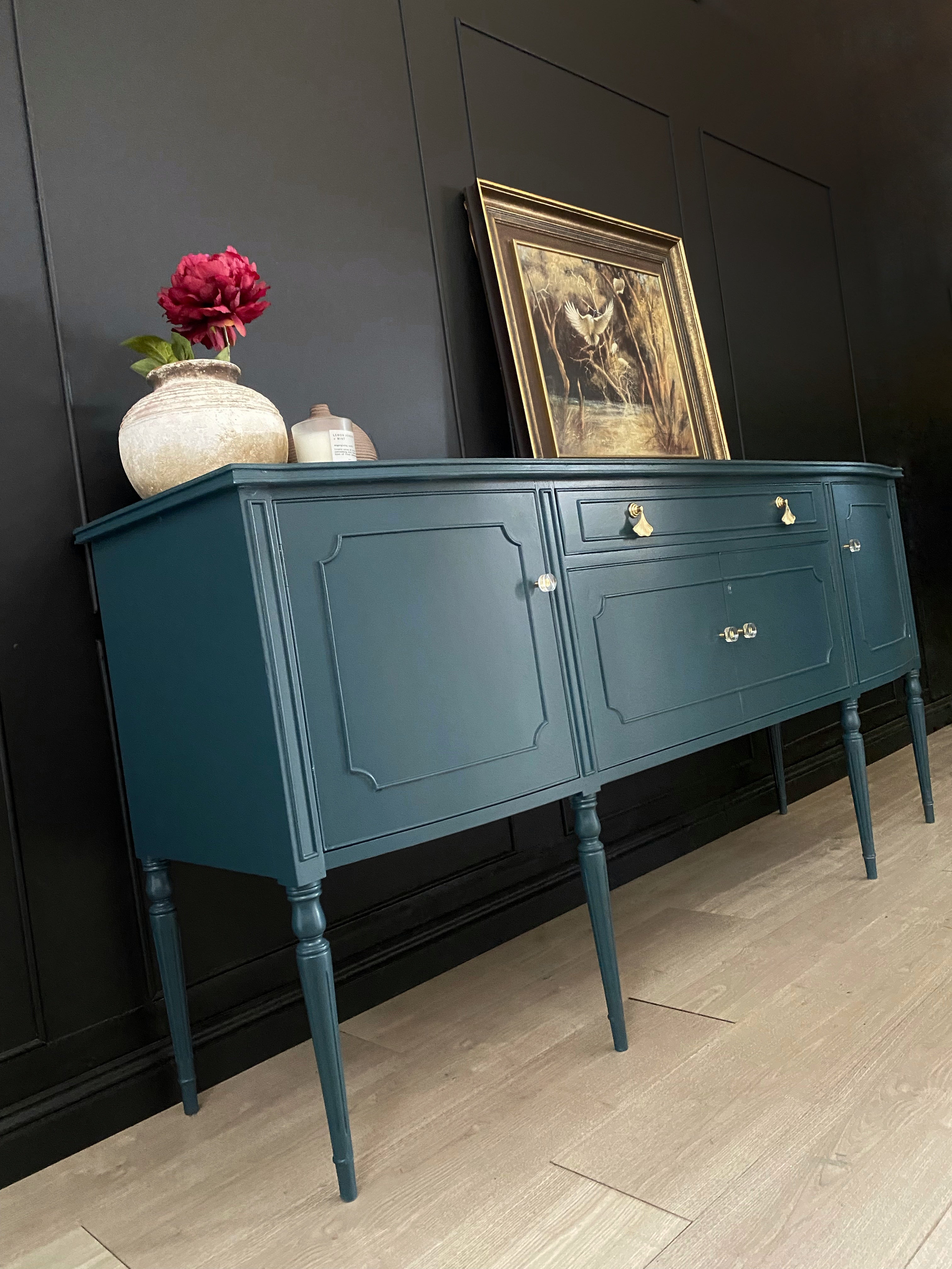 Elegant buffet / sideboard with brushed glass, brass and ginkgo leaf hardware
