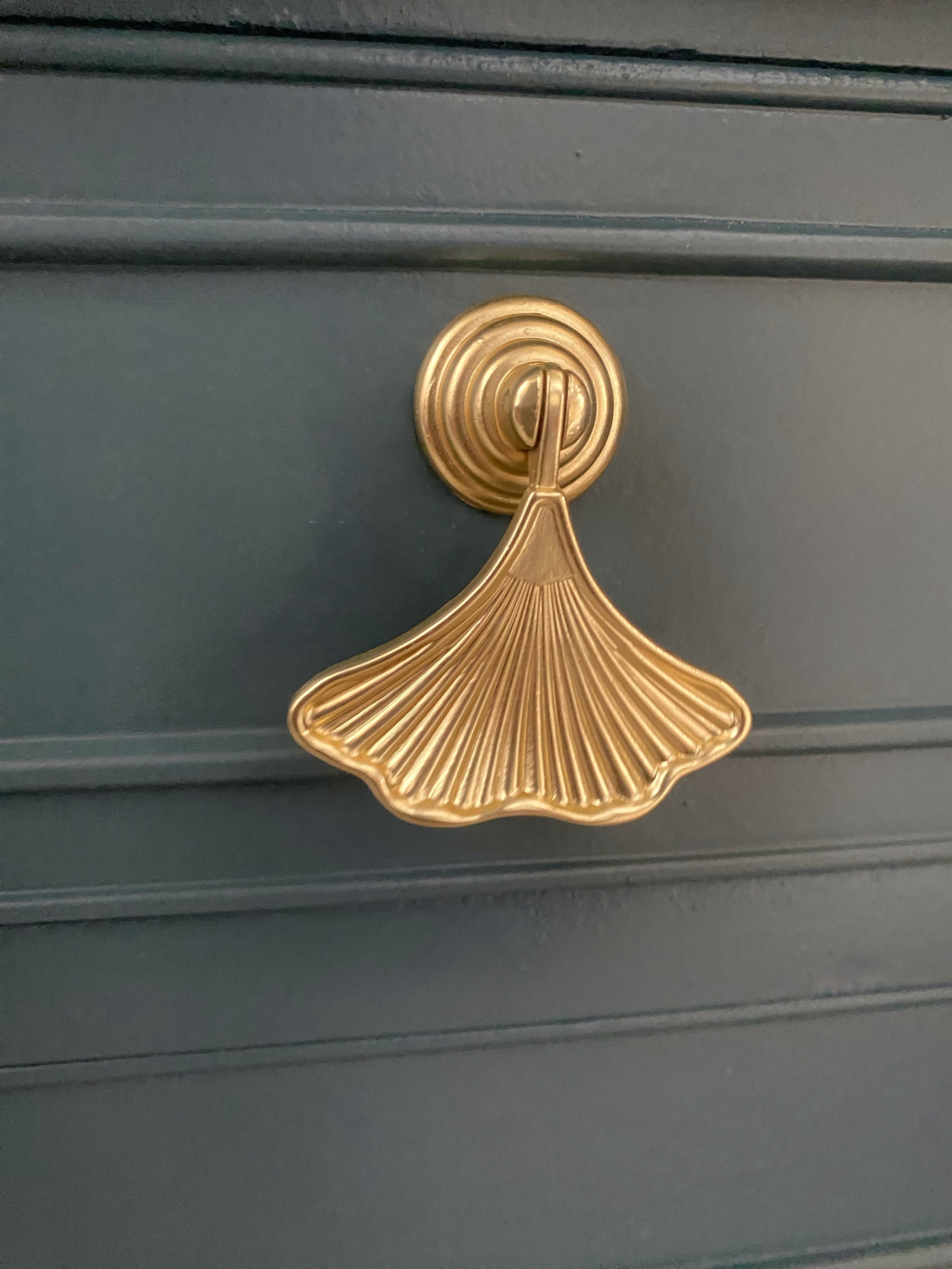 Elegant buffet / sideboard with brushed glass, brass and ginkgo leaf hardware
