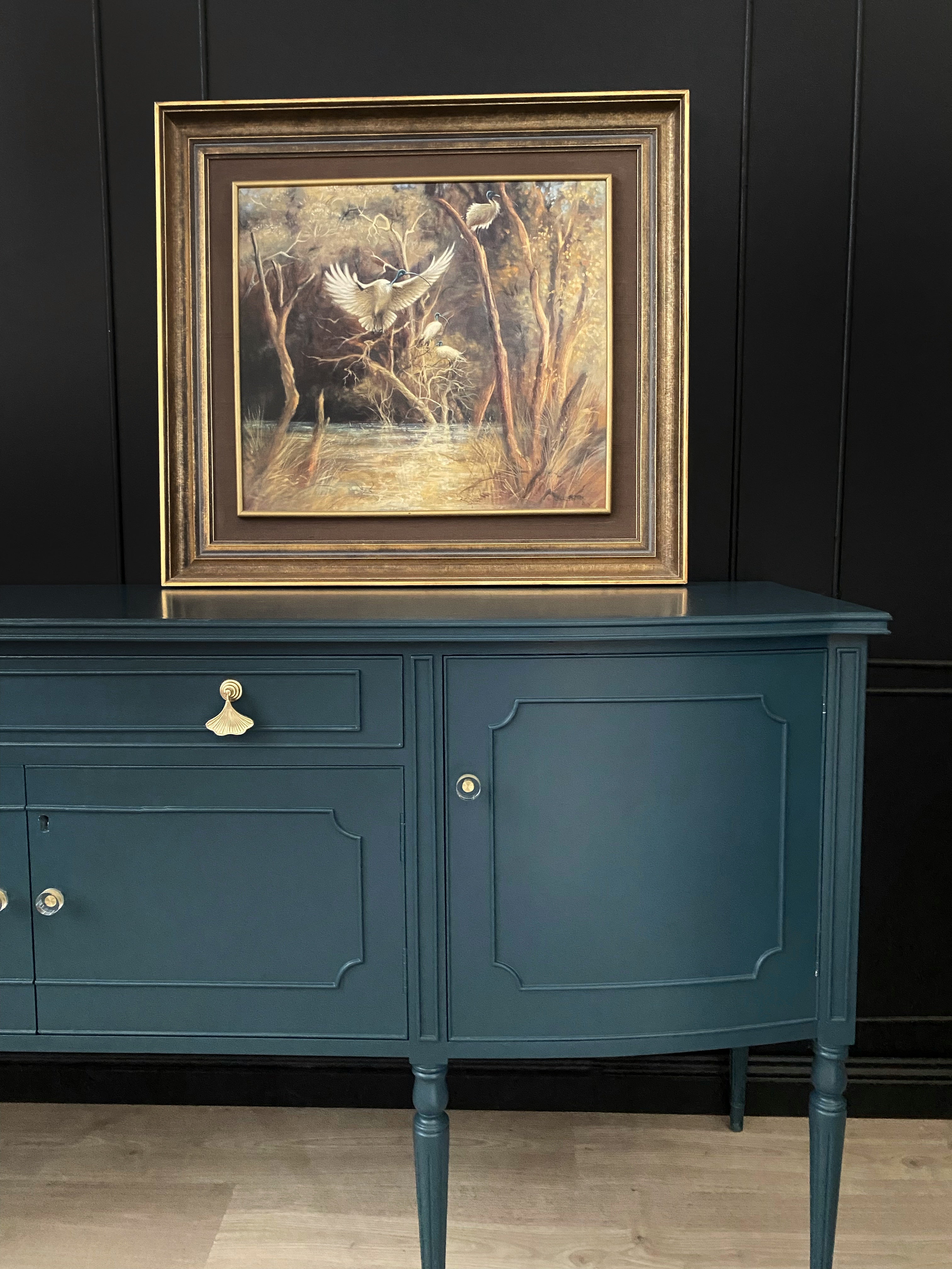 Elegant buffet / sideboard with brushed glass, brass and ginkgo leaf hardware