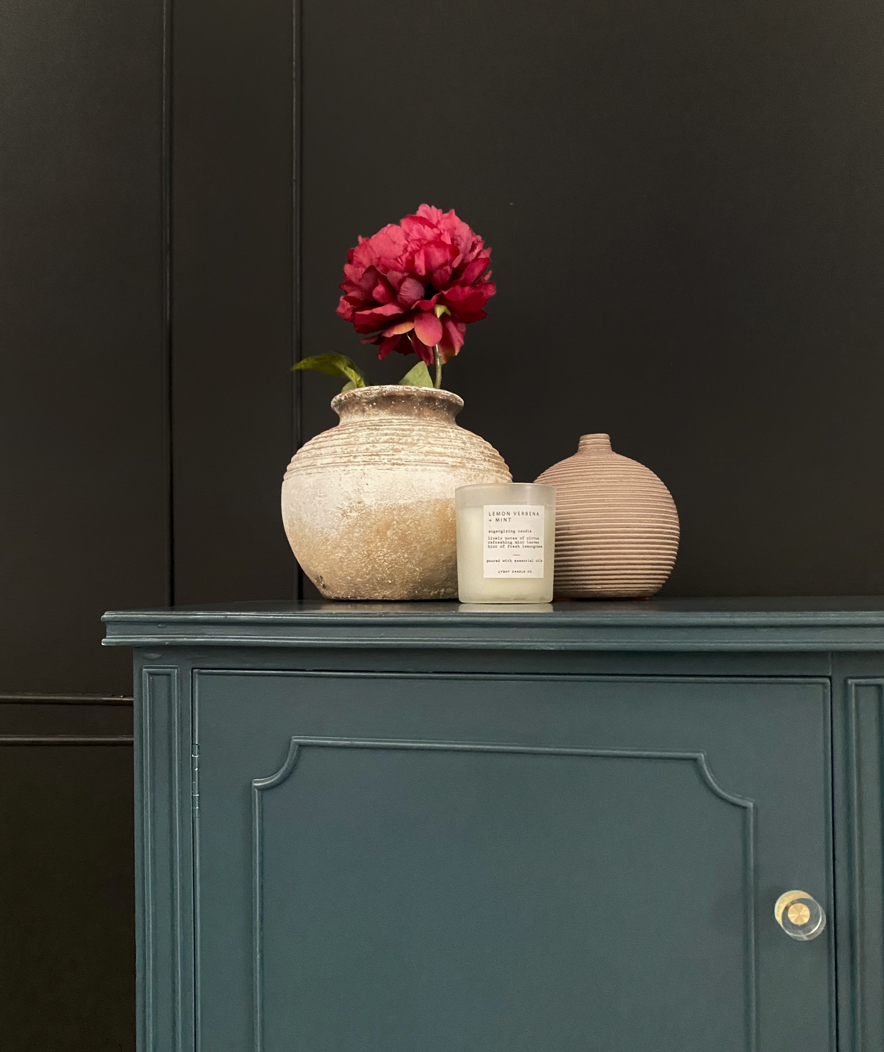 Elegant buffet / sideboard with brushed glass, brass and ginkgo leaf hardware