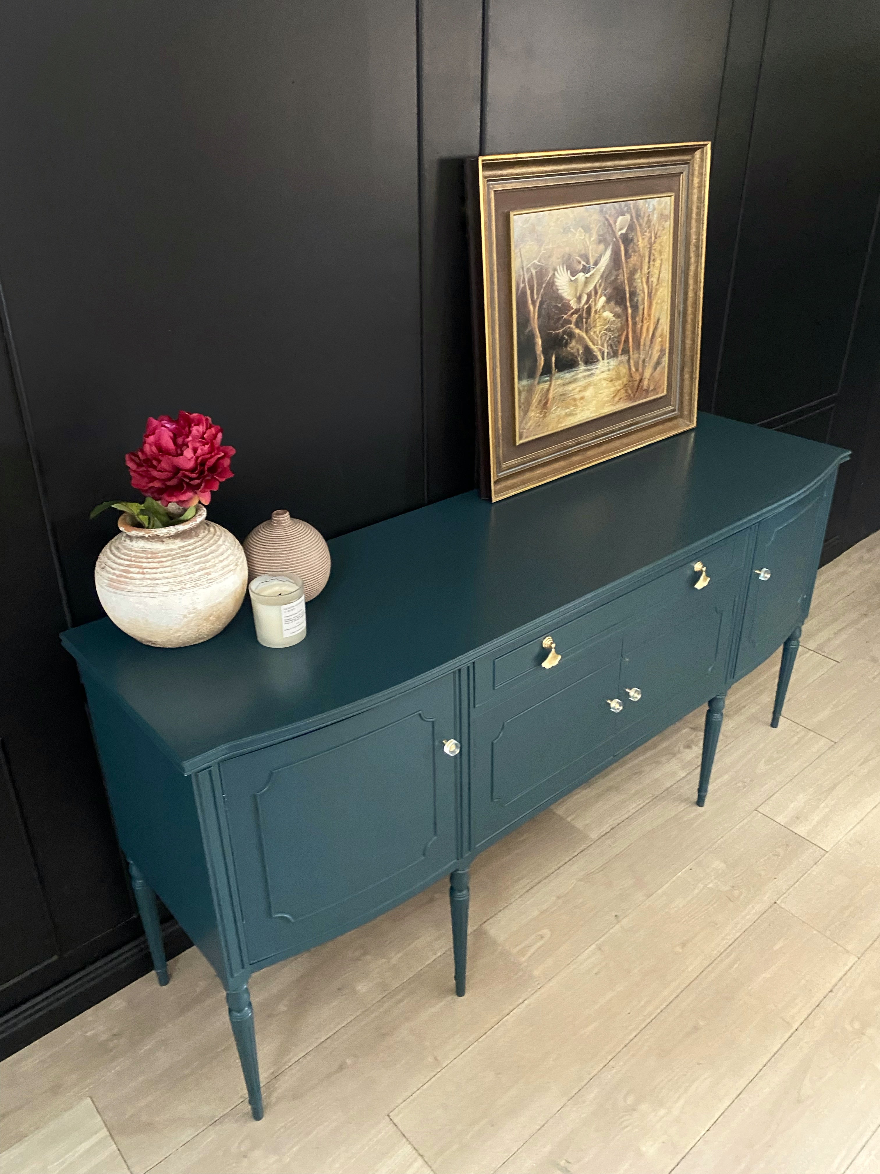 Elegant buffet / sideboard with brushed glass, brass and ginkgo leaf hardware