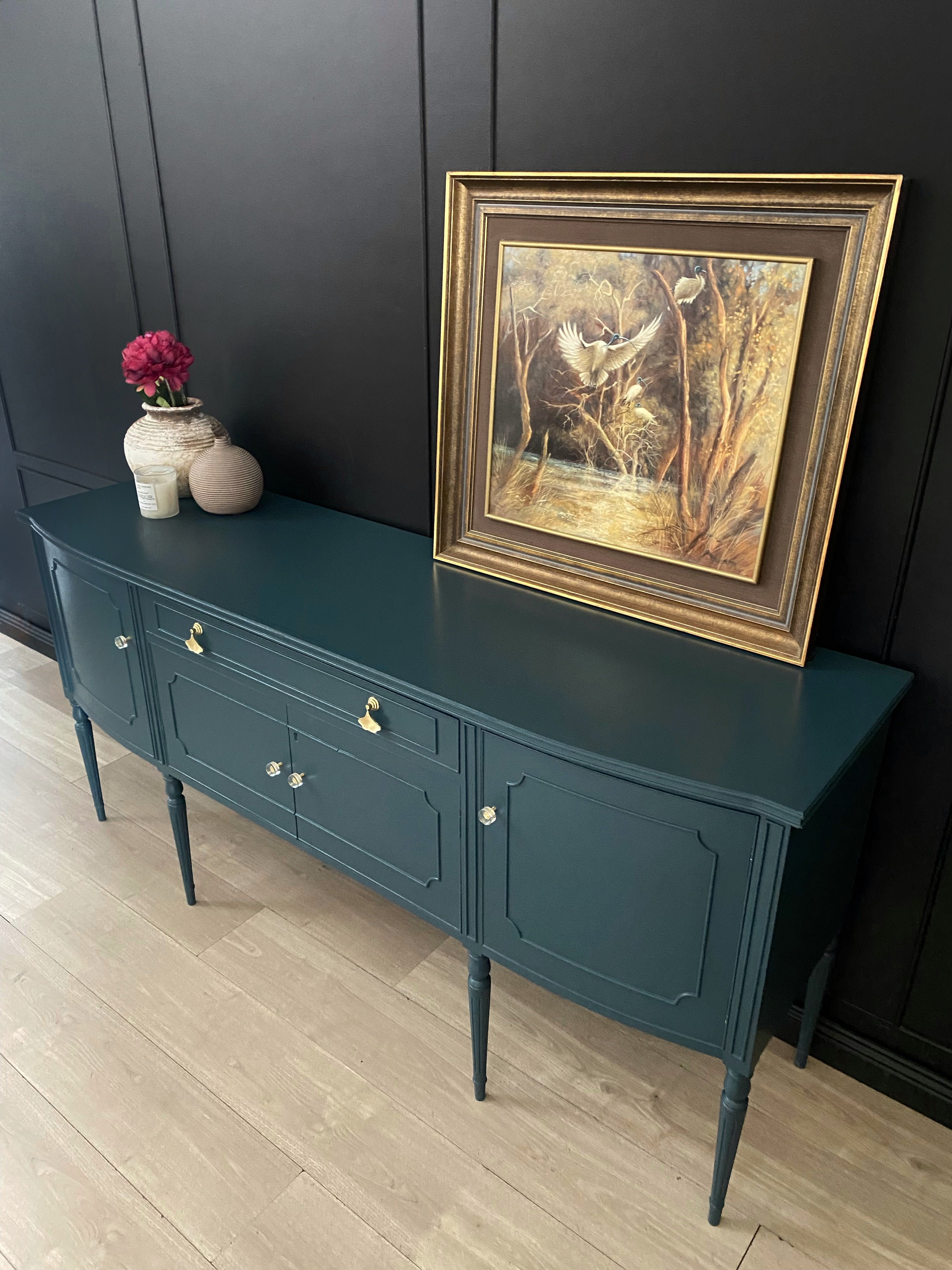 Elegant buffet / sideboard with brushed glass, brass and ginkgo leaf hardware