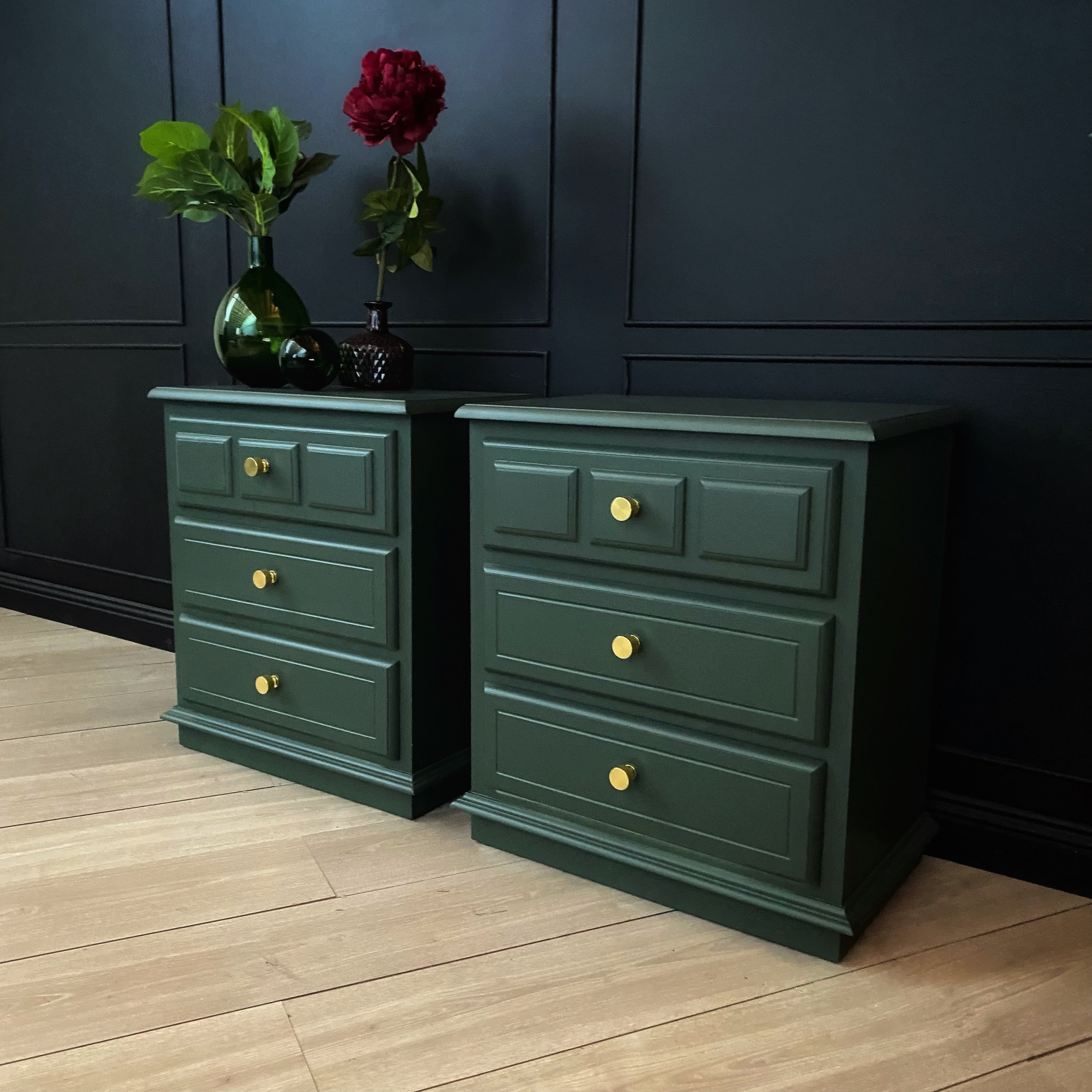 Mid-century bedside tables dark green