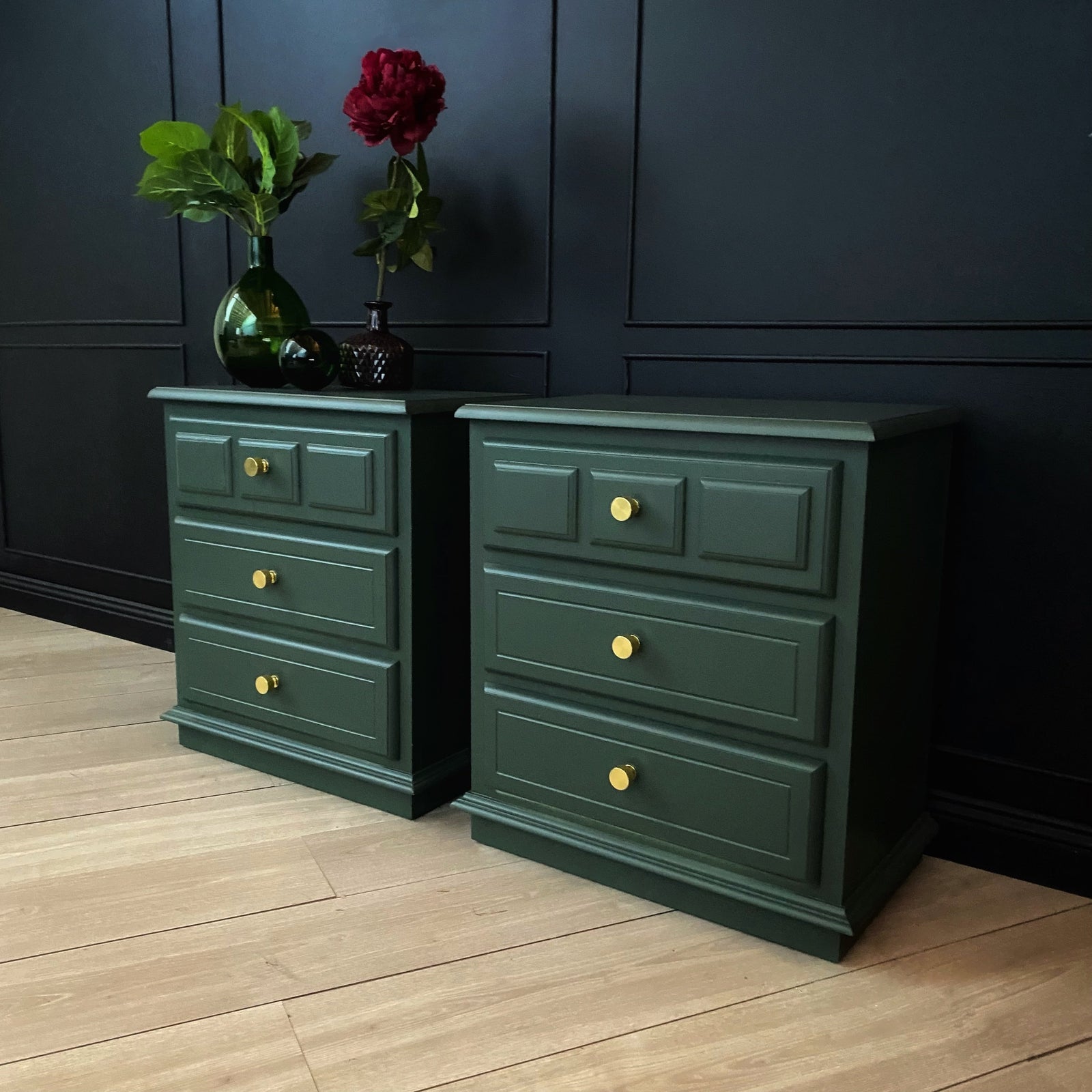 Mid-century bedside tables dark green
