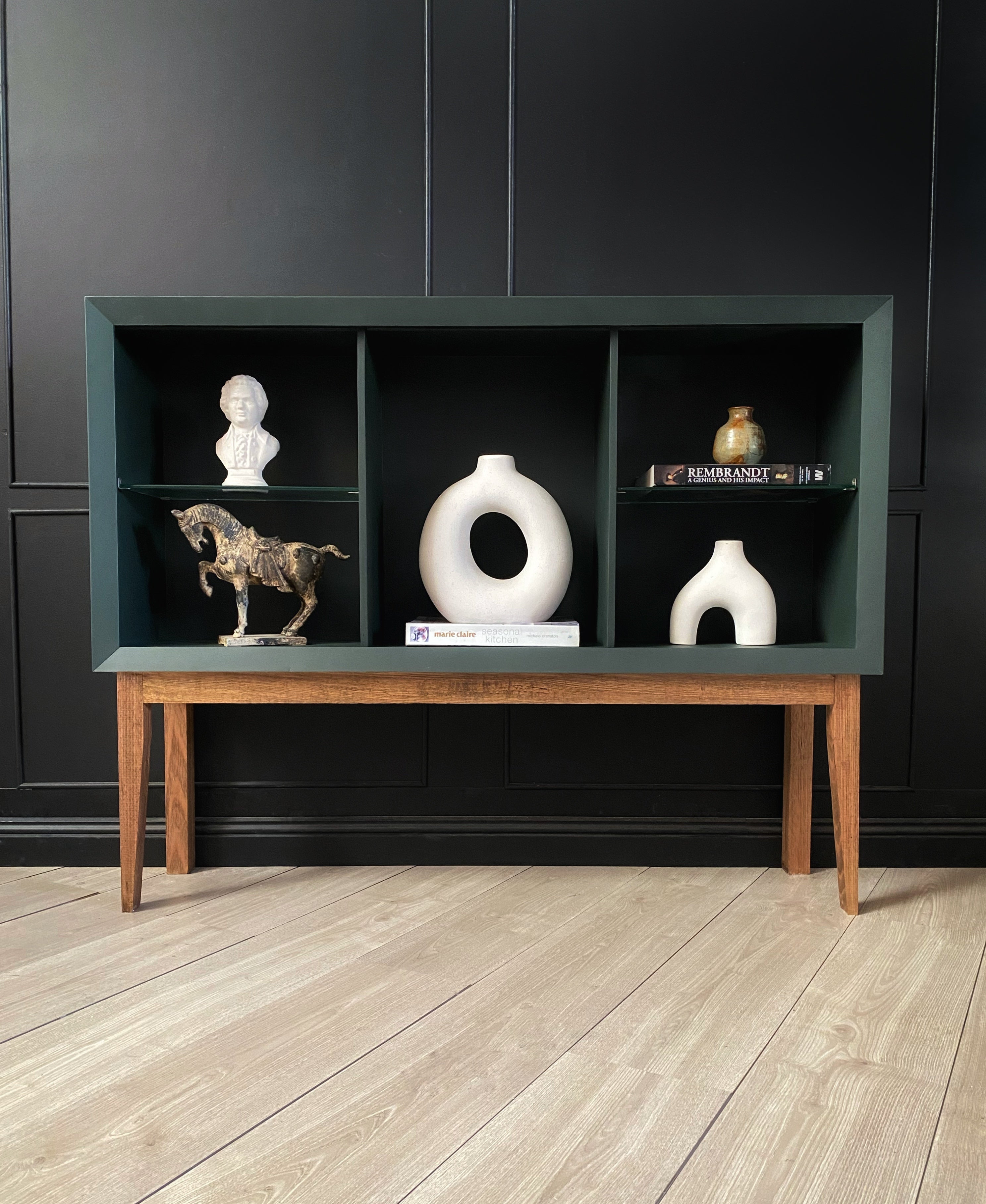 Mid-century display cabinet tasmanian oak forest green
