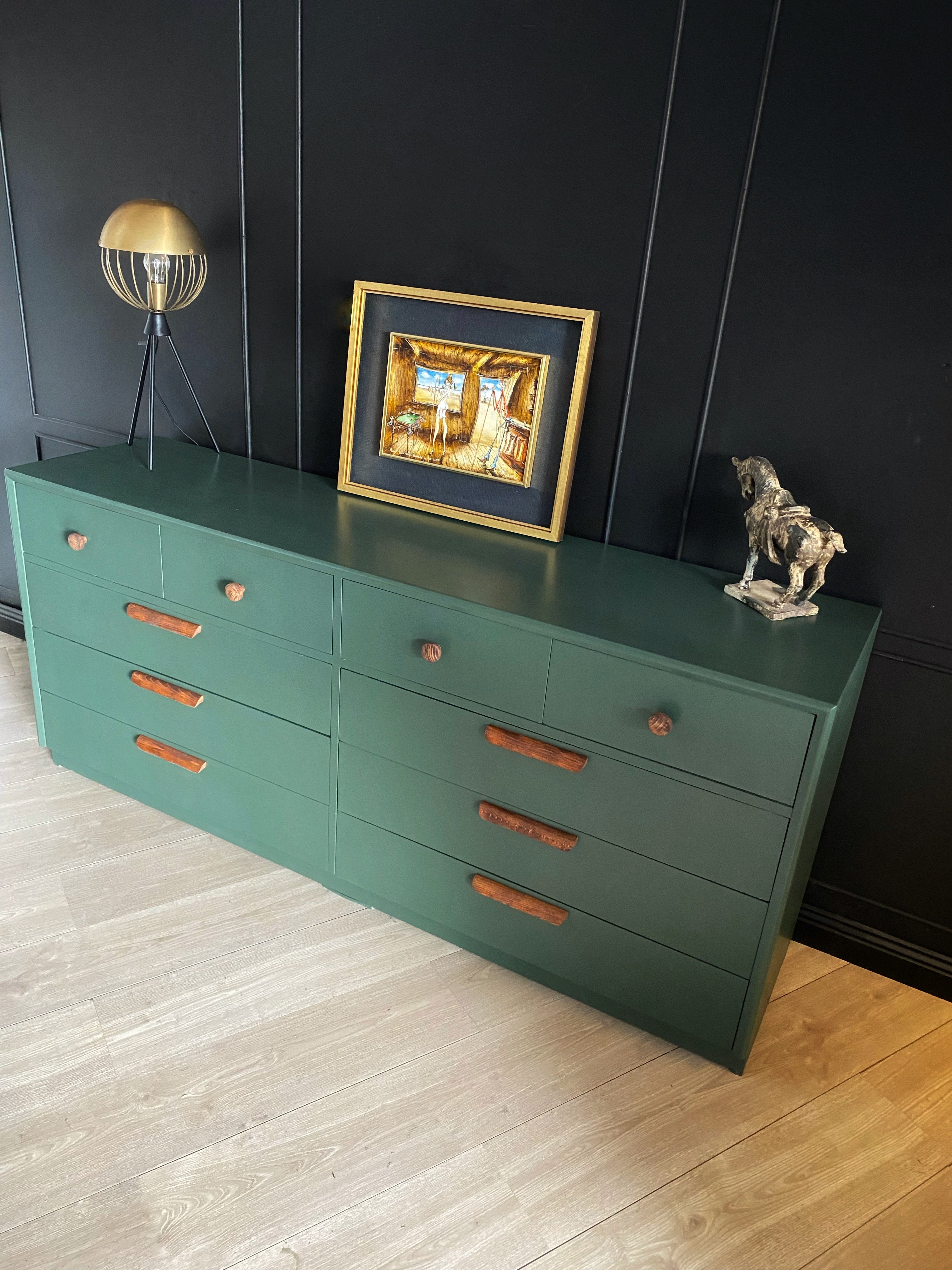 ‘Mentone Furniture’ large dark green dresser with wood handles