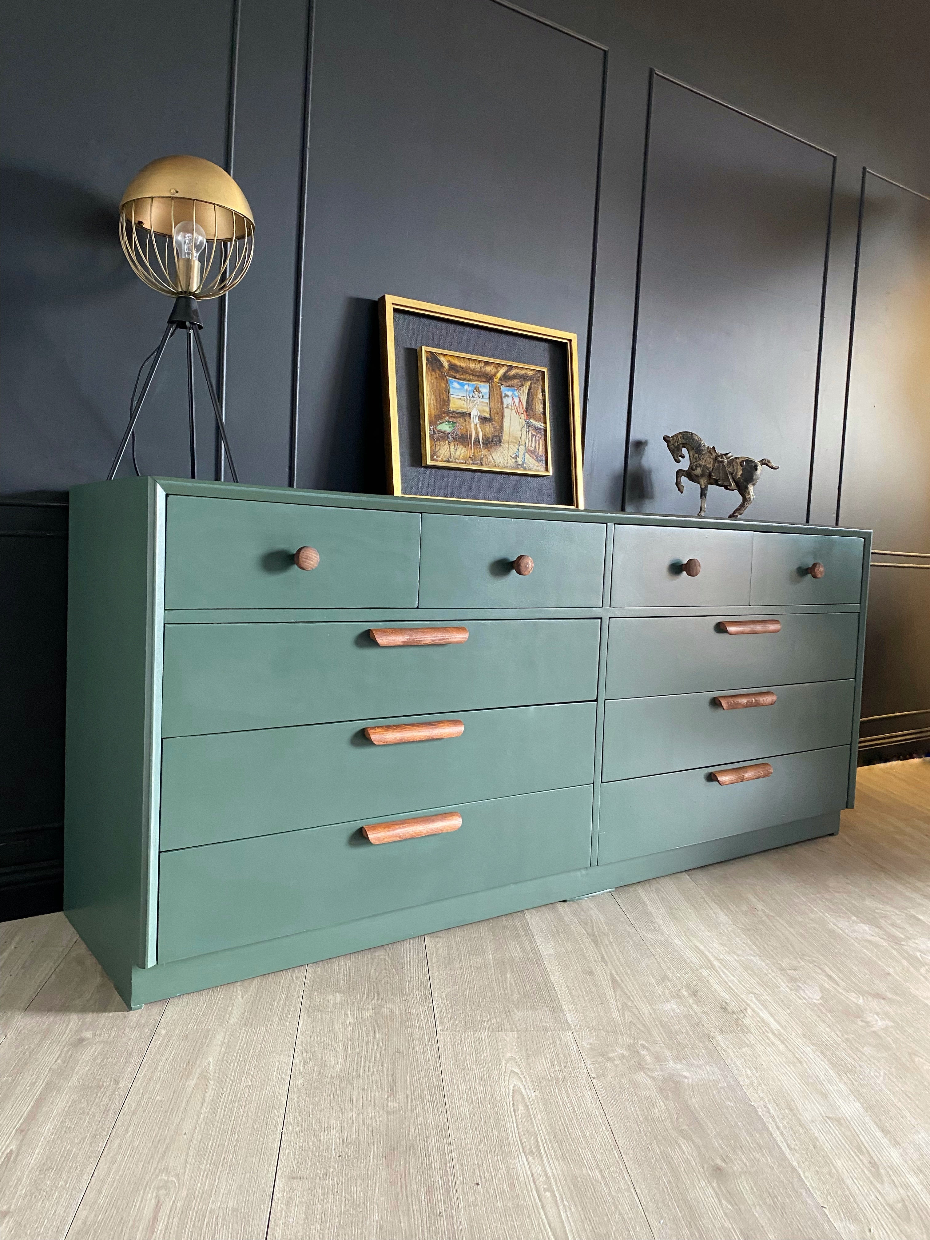 ‘Mentone Furniture’ large dark green dresser with wood handles