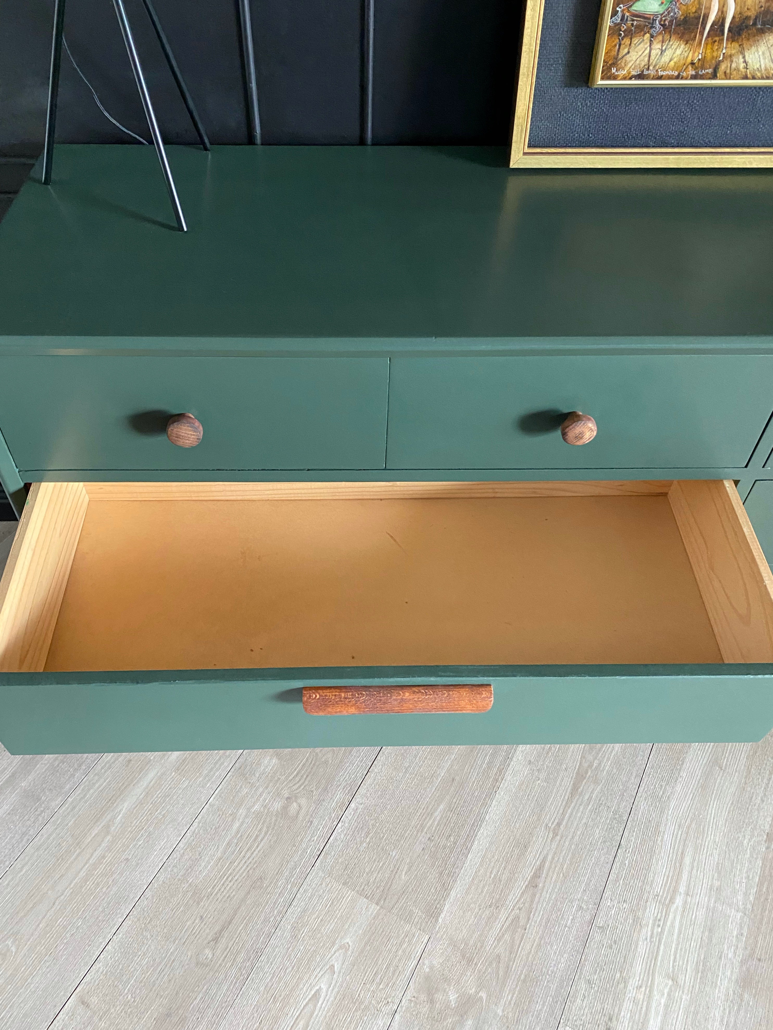 ‘Mentone Furniture’ large dark green dresser with wood handles
