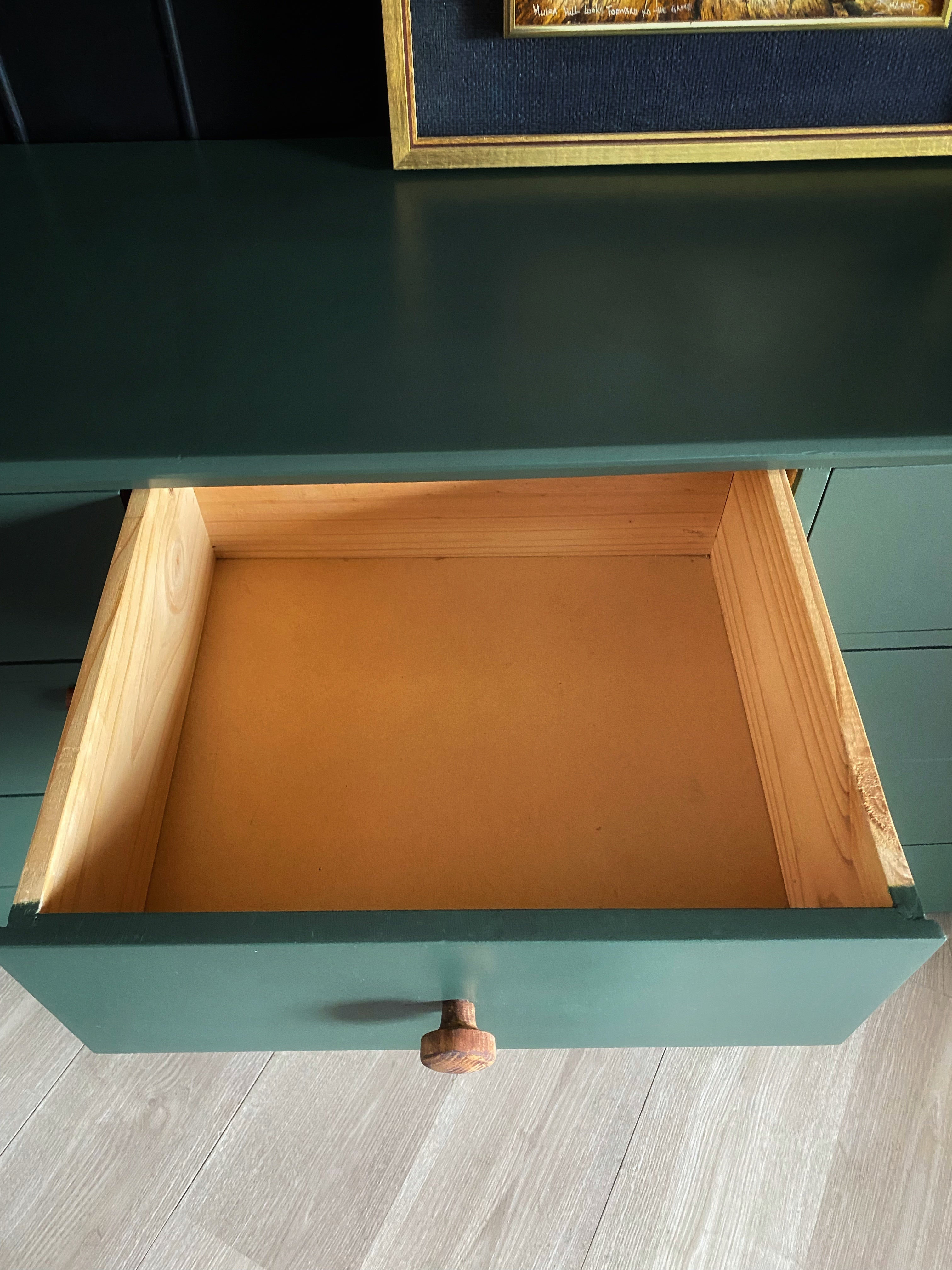 ‘Mentone Furniture’ large dark green dresser with wood handles