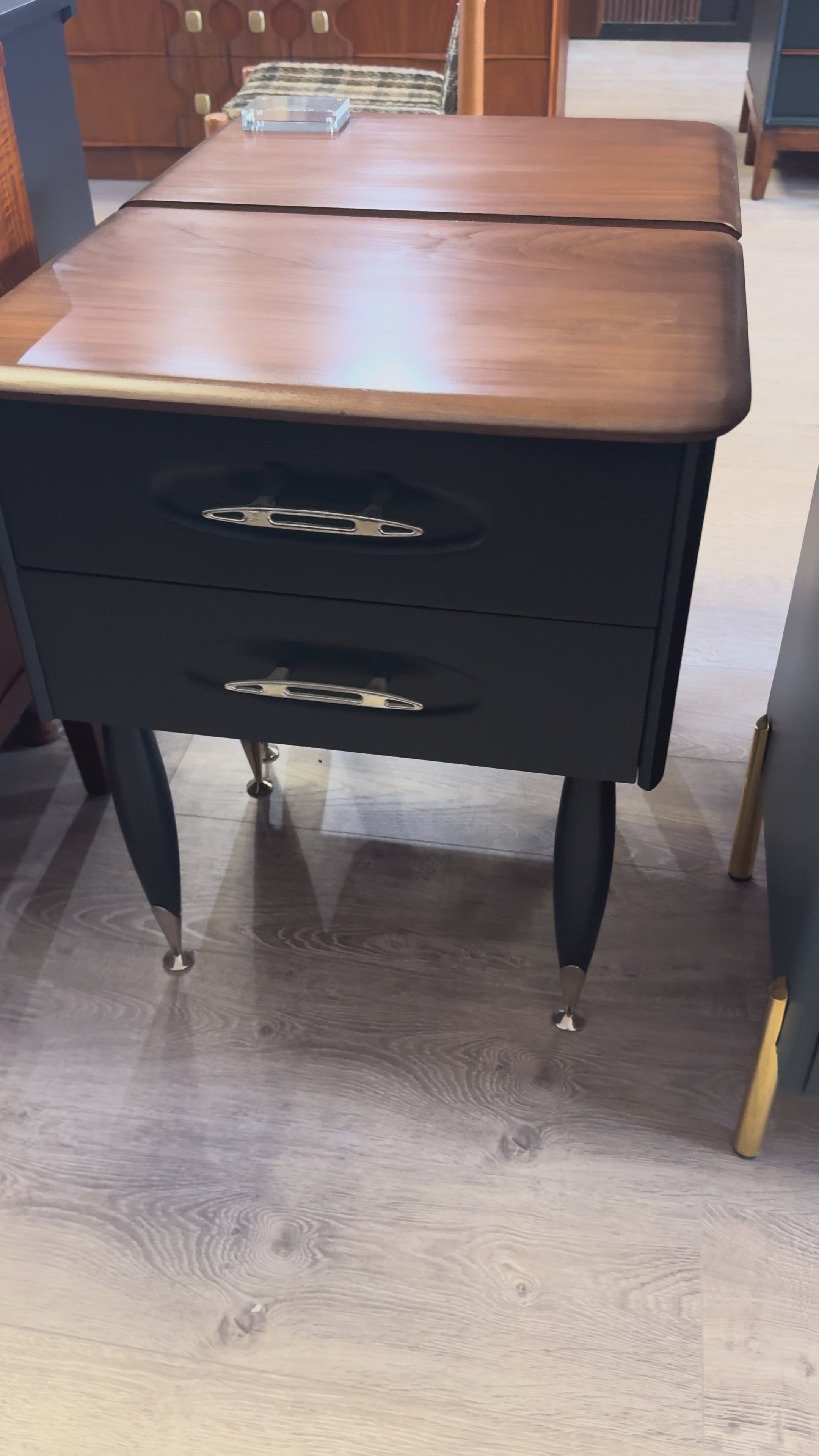 'Burgess Furniture' Bedside Tables with Atomic Legs