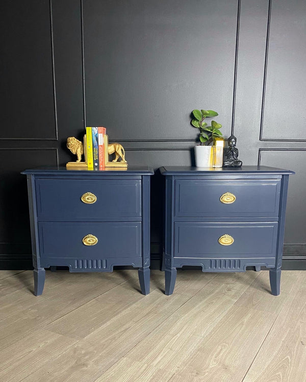 Mid-century bedside tables dark navy