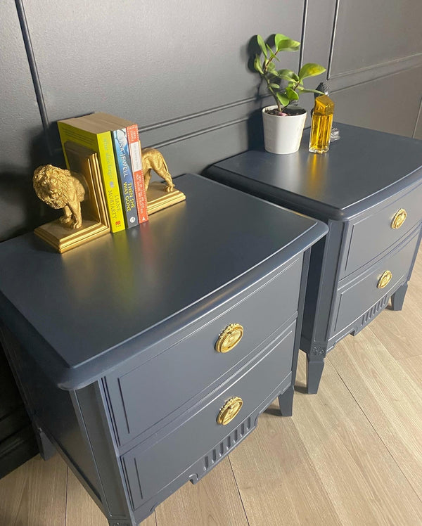 Mid-century bedside tables dark navy, view 2