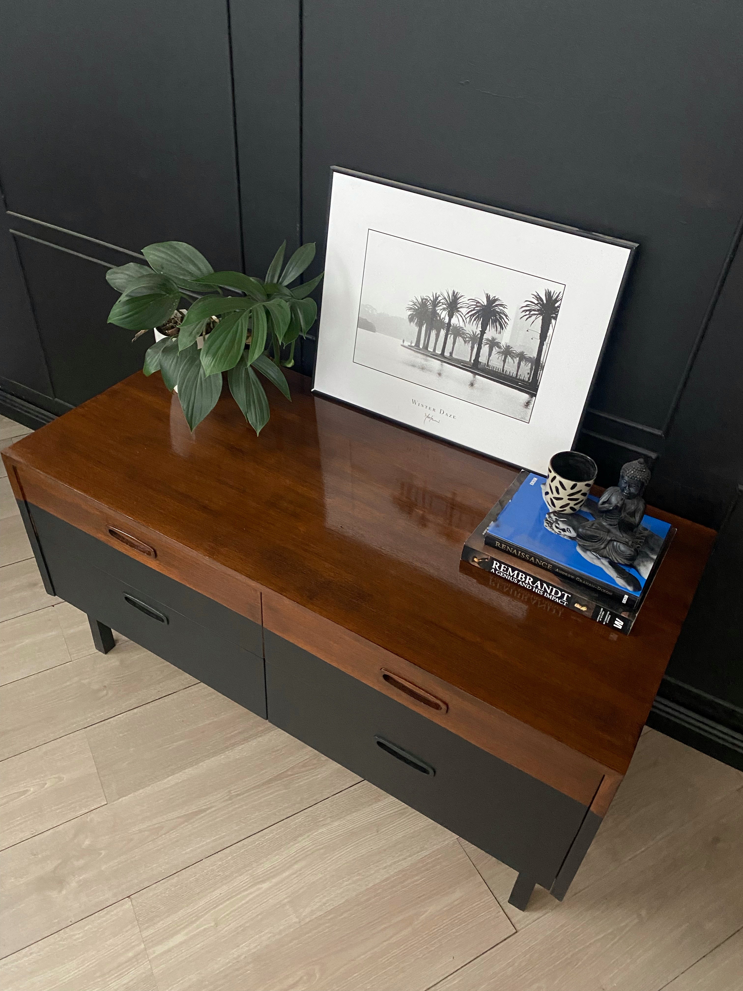 MID CENTURY TWO TONED DRESSER & BED SIDE TABLES