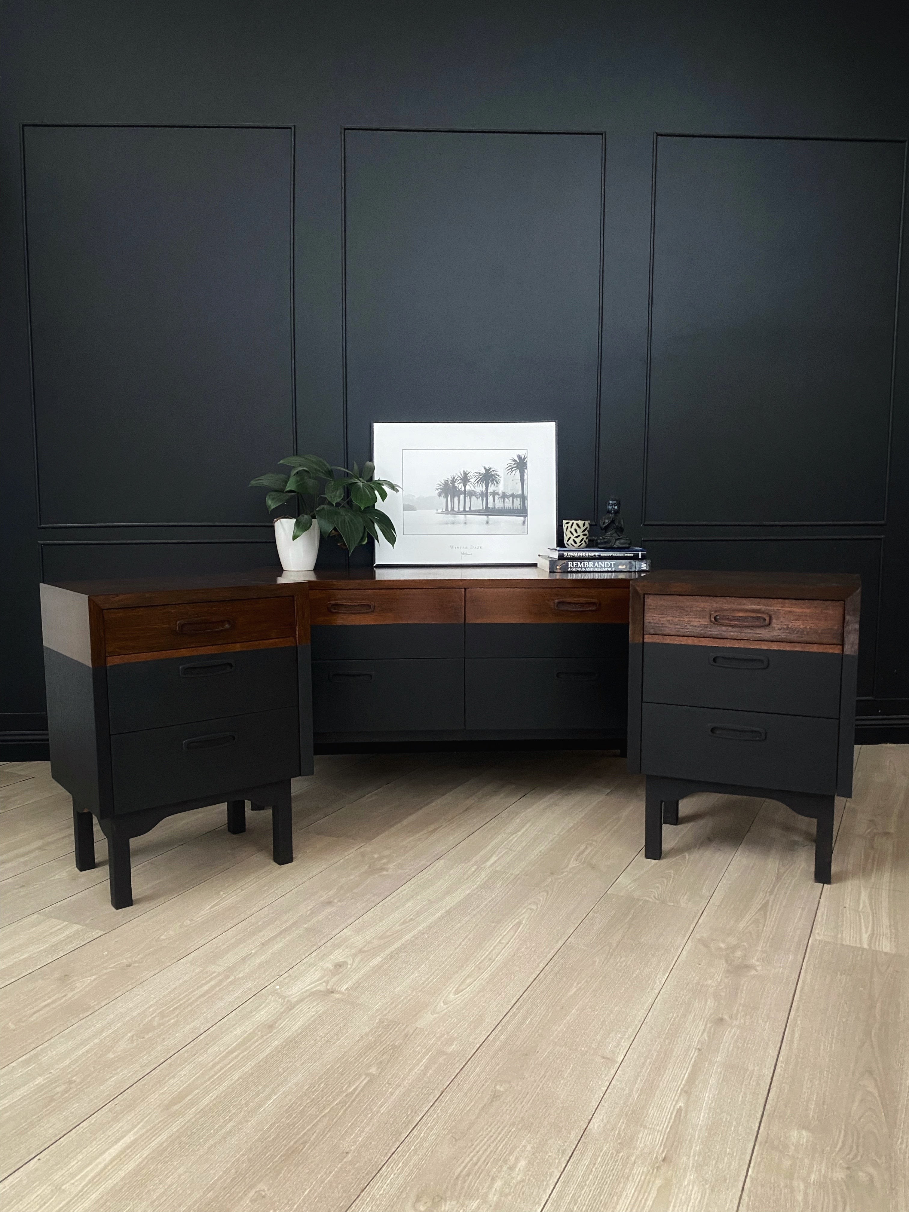 MID CENTURY TWO TONED DRESSER & BED SIDE TABLES